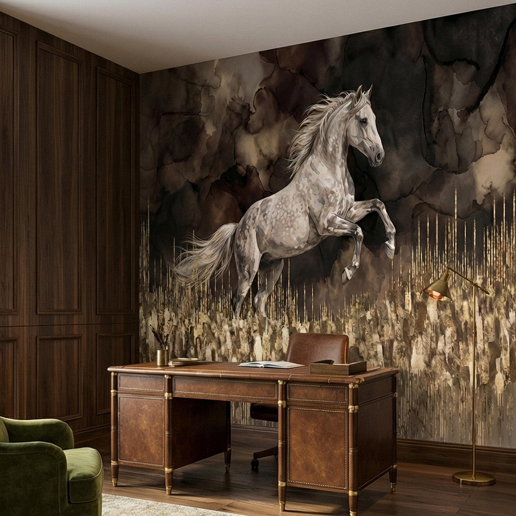 White Stallion Horse on Dark Moody Sepia Gilded Watercolor Peel and Stick Wall Mural, Equestrian Abstract Ink Wash Gold Look Drip Wallpaper