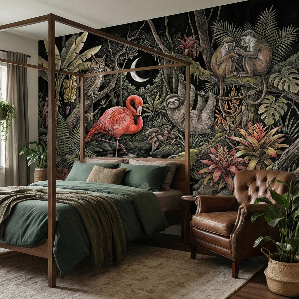 Night Jungle Flamingo Sloth Monkeys Owl Crescent Moon Peel and Stick Wall Mural Vintage Tropical Rainforest Botanicals Dark Exotic Wallpaper