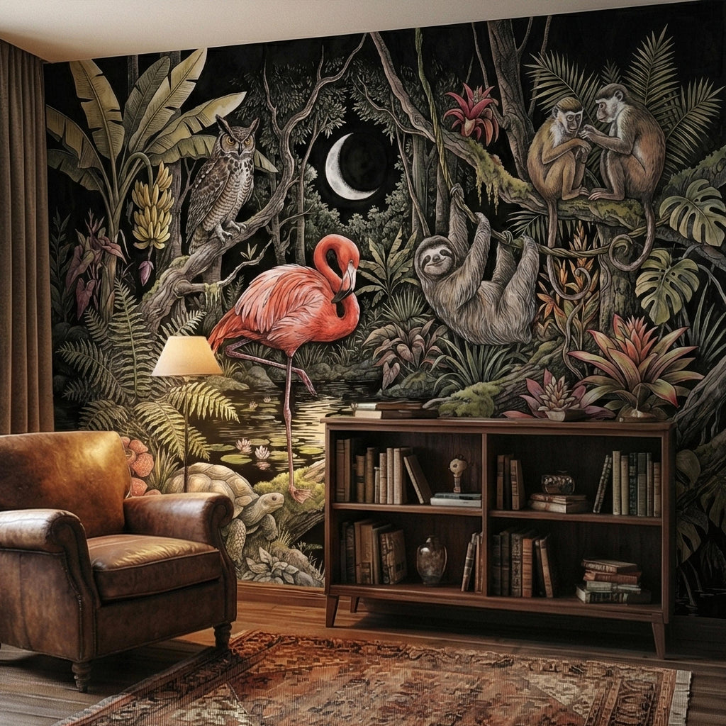 Night Jungle Flamingo Sloth Monkeys Owl Crescent Moon Peel and Stick Wall Mural Vintage Tropical Rainforest Botanicals Dark Exotic Wallpaper