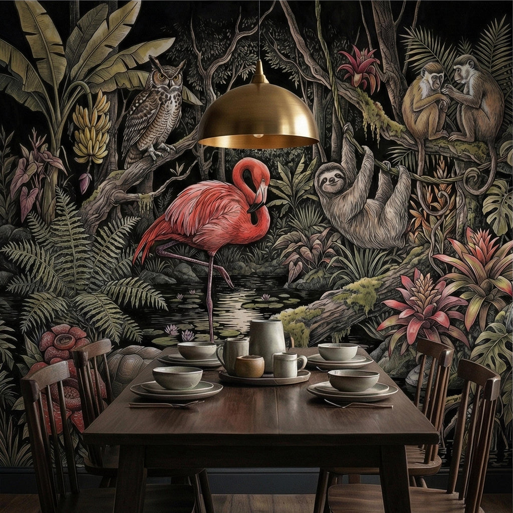 Night Jungle Flamingo Sloth Monkeys Owl Crescent Moon Peel and Stick Wall Mural Vintage Tropical Rainforest Botanicals Dark Exotic Wallpaper
