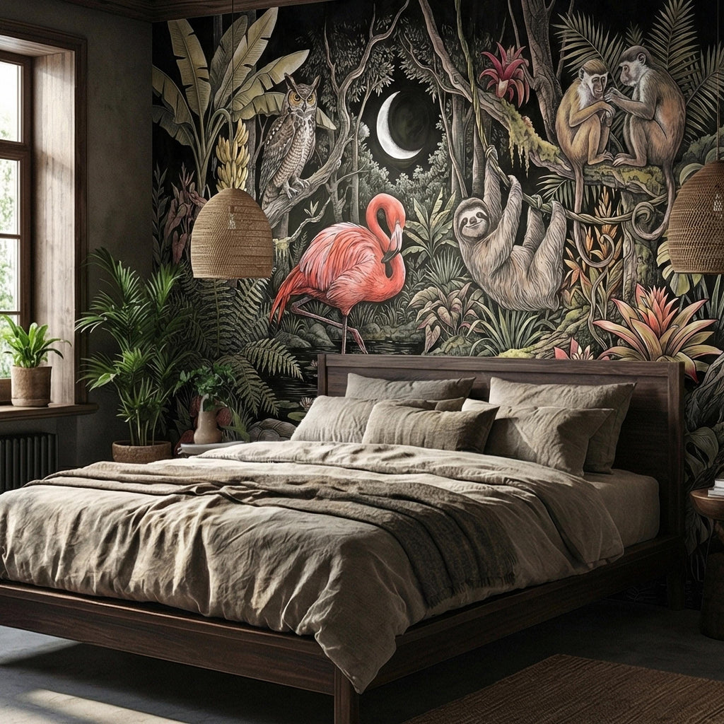 Night Jungle Flamingo Sloth Monkeys Owl Crescent Moon Peel and Stick Wall Mural Vintage Tropical Rainforest Botanicals Dark Exotic Wallpaper