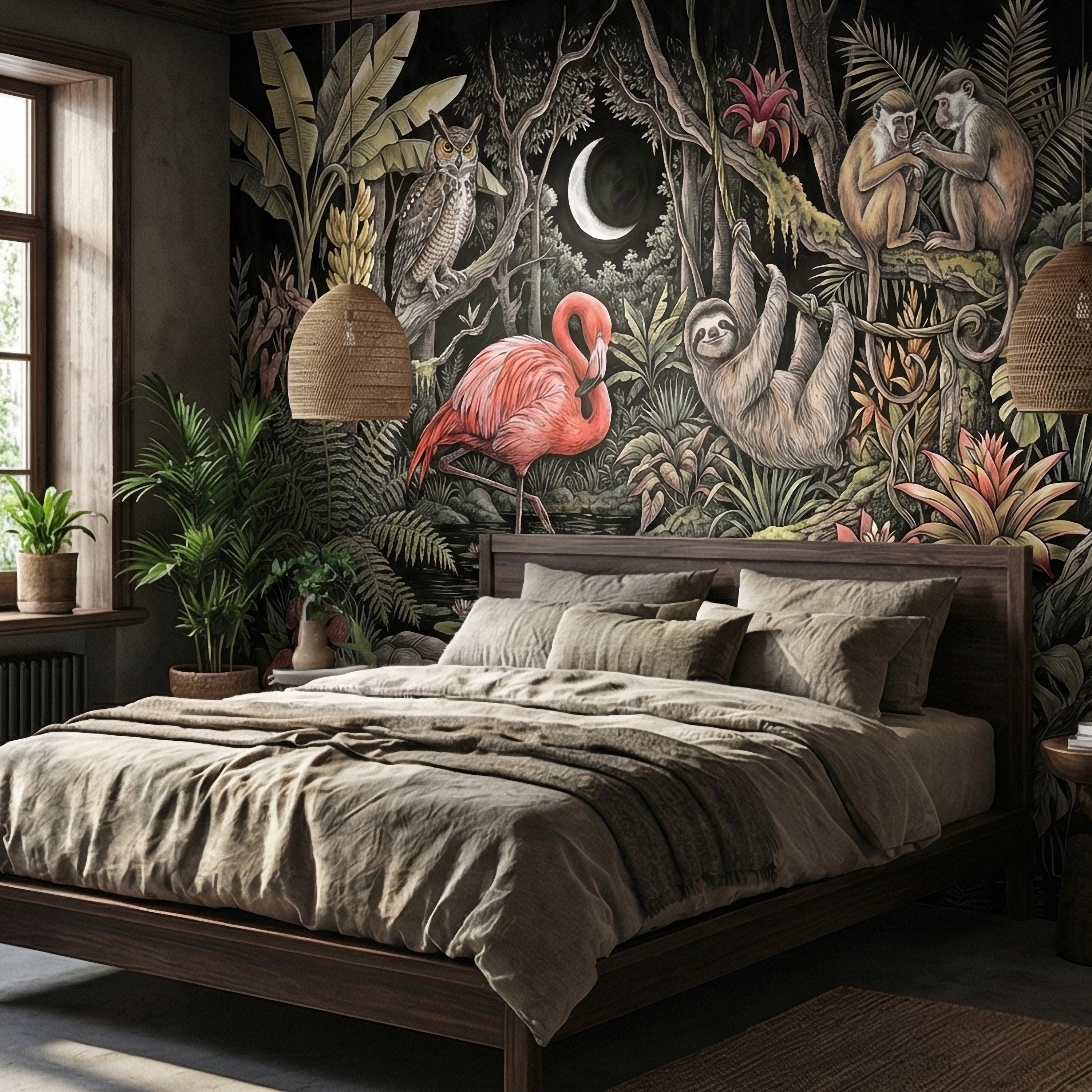Night Jungle Flamingo Sloth Monkeys Owl Crescent Moon Peel and Stick Wall Mural Vintage Tropical Rainforest Botanicals Dark Exotic Wallpaper