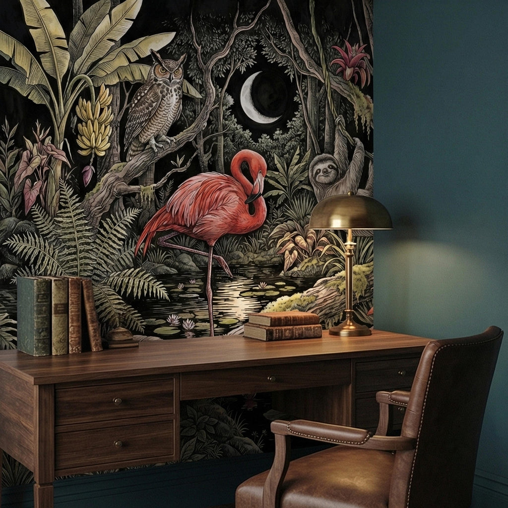 Night Jungle Flamingo Sloth Monkeys Owl Crescent Moon Peel and Stick Wall Mural Vintage Tropical Rainforest Botanicals Dark Exotic Wallpaper