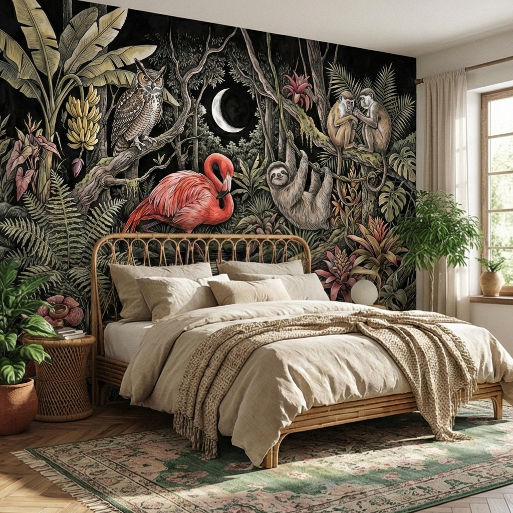Night Jungle Flamingo Sloth Monkeys Owl Crescent Moon Peel and Stick Wall Mural Vintage Tropical Rainforest Botanicals Dark Exotic Wallpaper