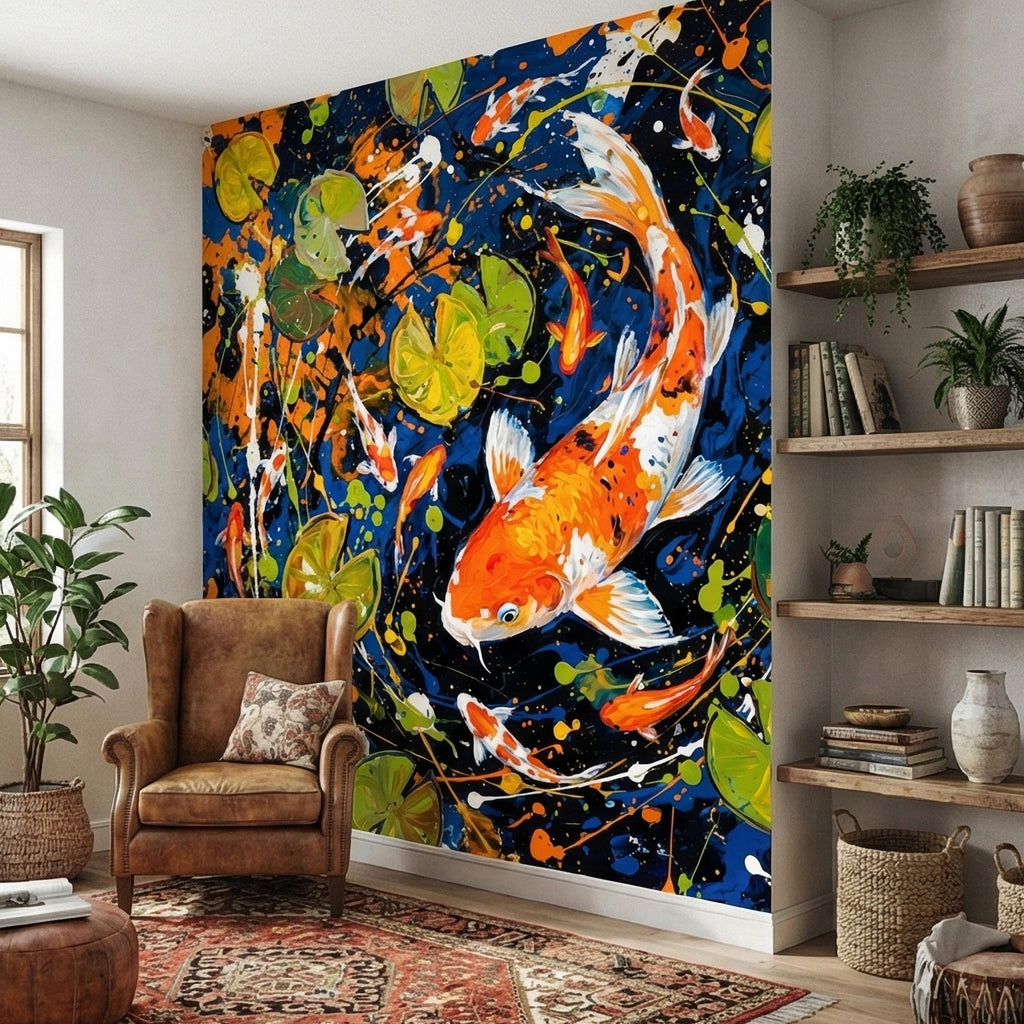 Hand Painted Koi Fish and Lily Pads Ink Splatter Peel and Stick Wall Mural, Midnight Blue Orange Koi Japanese Pond Modern Abstract Wallpaper