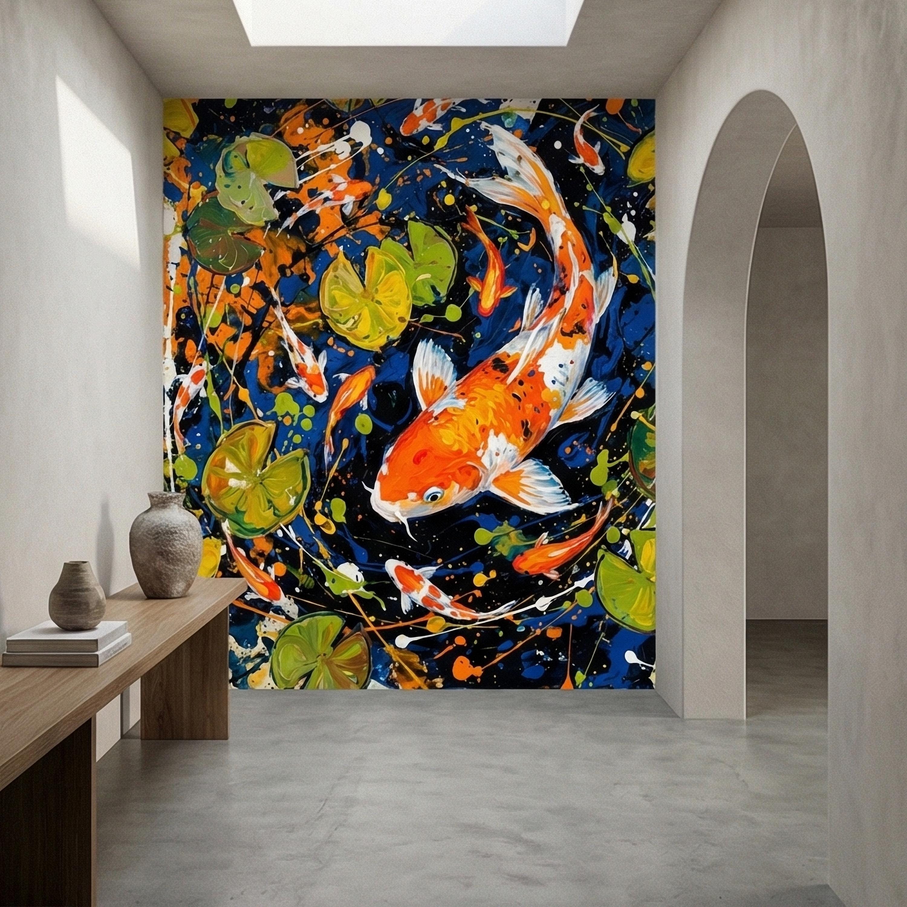 Hand Painted Koi Fish and Lily Pads Ink Splatter Peel and Stick Wall Mural, Midnight Blue Orange Koi Japanese Pond Modern Abstract Wallpaper