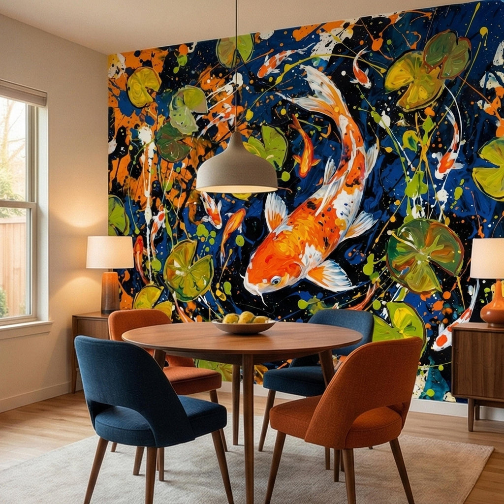Hand Painted Koi Fish and Lily Pads Ink Splatter Peel and Stick Wall Mural, Midnight Blue Orange Koi Japanese Pond Modern Abstract Wallpaper