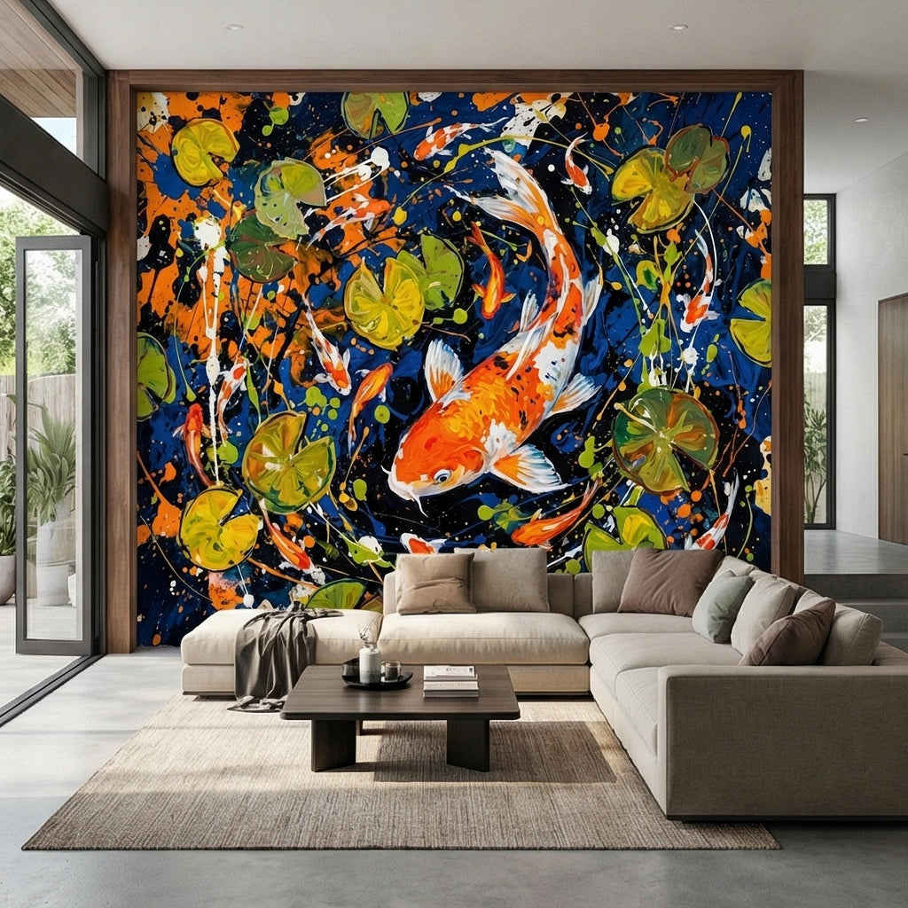 Hand Painted Koi Fish and Lily Pads Ink Splatter Peel and Stick Wall Mural, Midnight Blue Orange Koi Japanese Pond Modern Abstract Wallpaper
