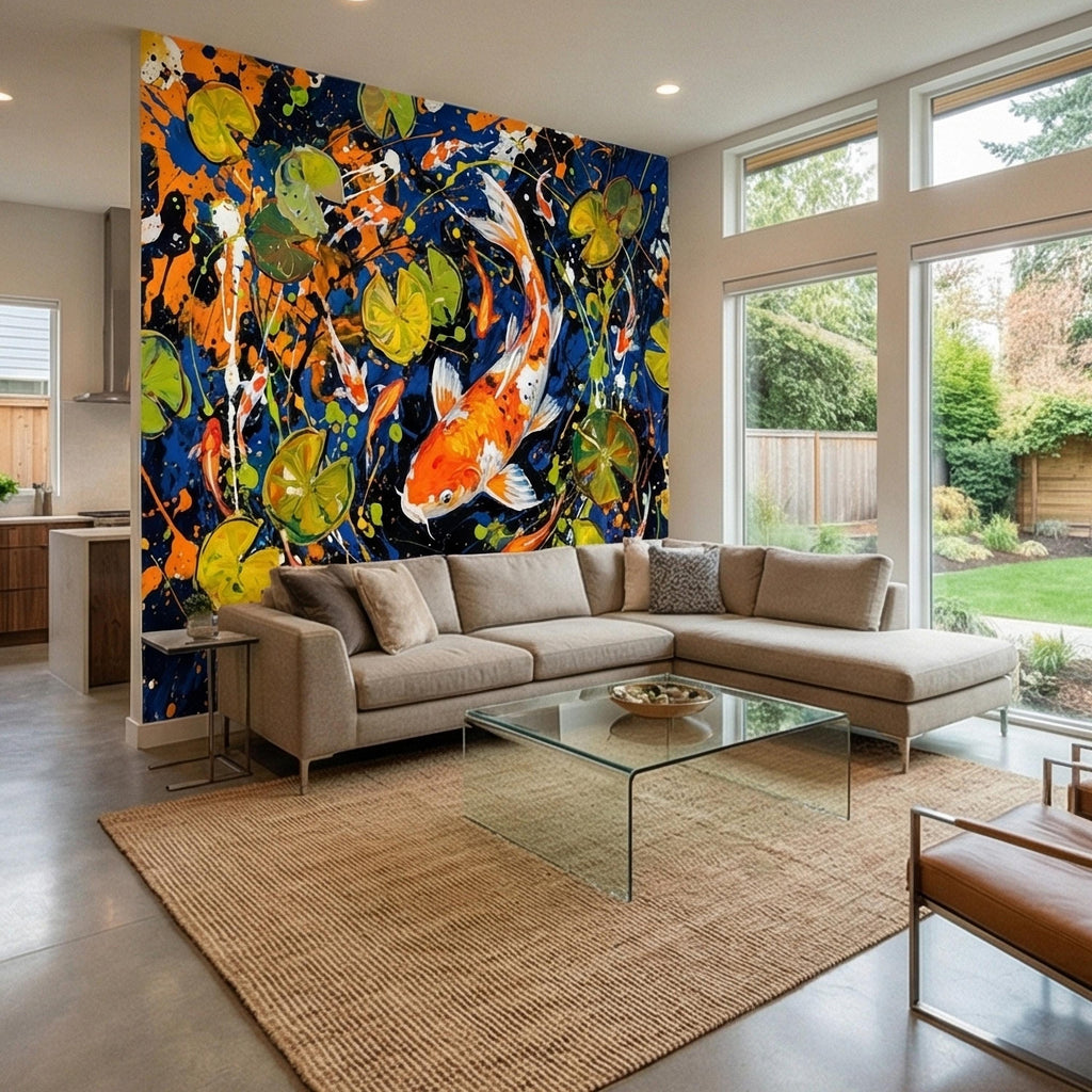 Hand Painted Koi Fish and Lily Pads Ink Splatter Peel and Stick Wall Mural, Midnight Blue Orange Koi Japanese Pond Modern Abstract Wallpaper