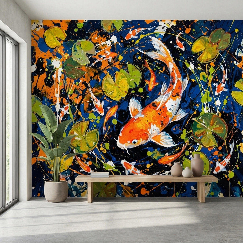 Hand Painted Koi Fish and Lily Pads Ink Splatter Peel and Stick Wall Mural, Midnight Blue Orange Koi Japanese Pond Modern Abstract Wallpaper