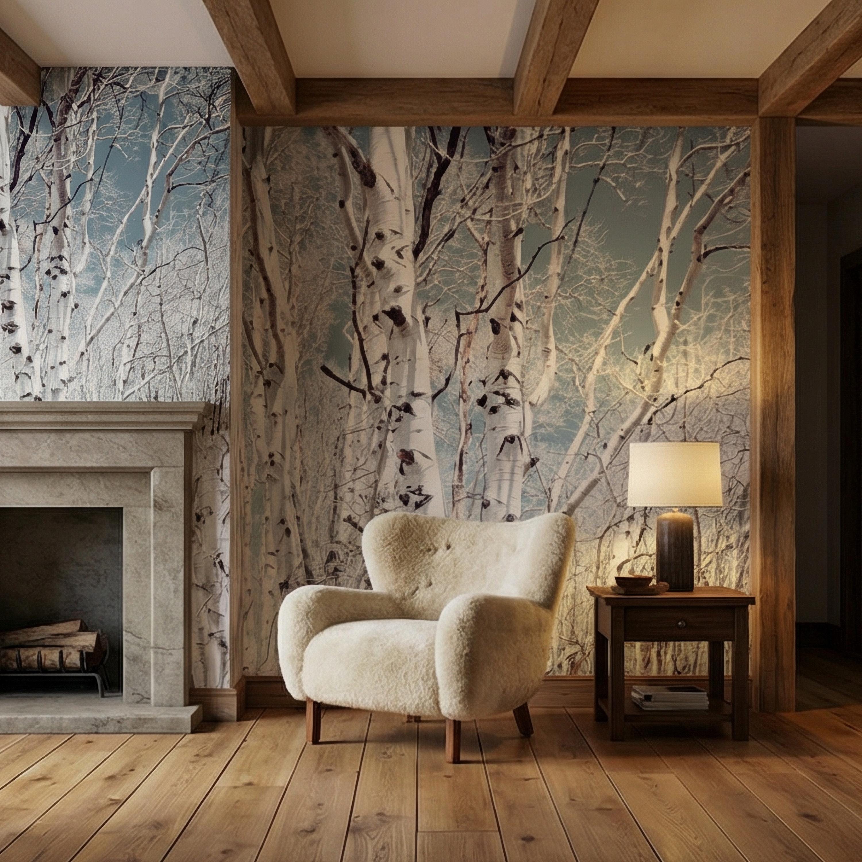 Birch Forest Peel and Stick Wall Mural, White Aspen Trees, Neutral Woodland Scenic, Serene Nature Wallpaper