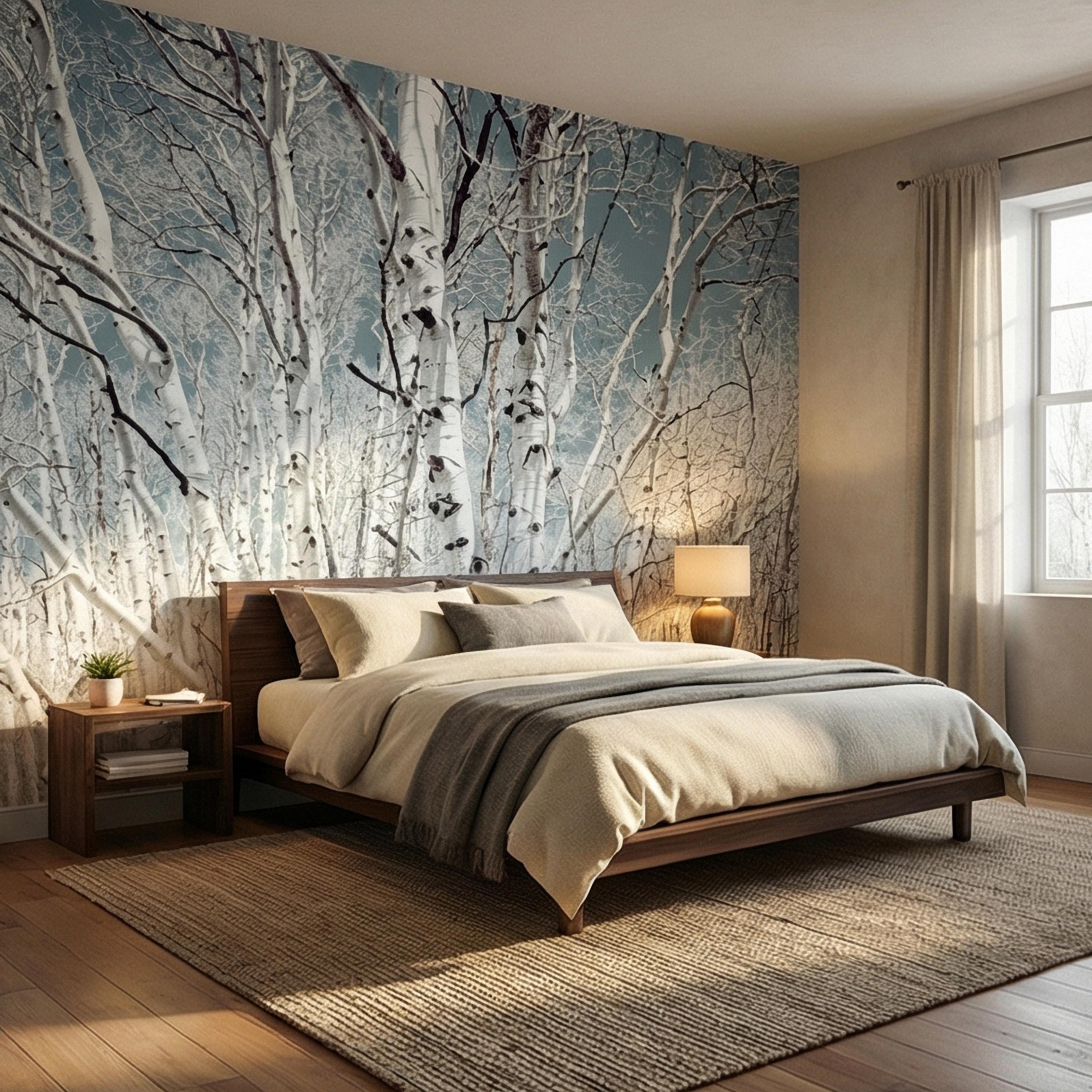 Birch Forest Peel and Stick Wall Mural, White Aspen Trees, Neutral Woodland Scenic, Serene Nature Wallpaper