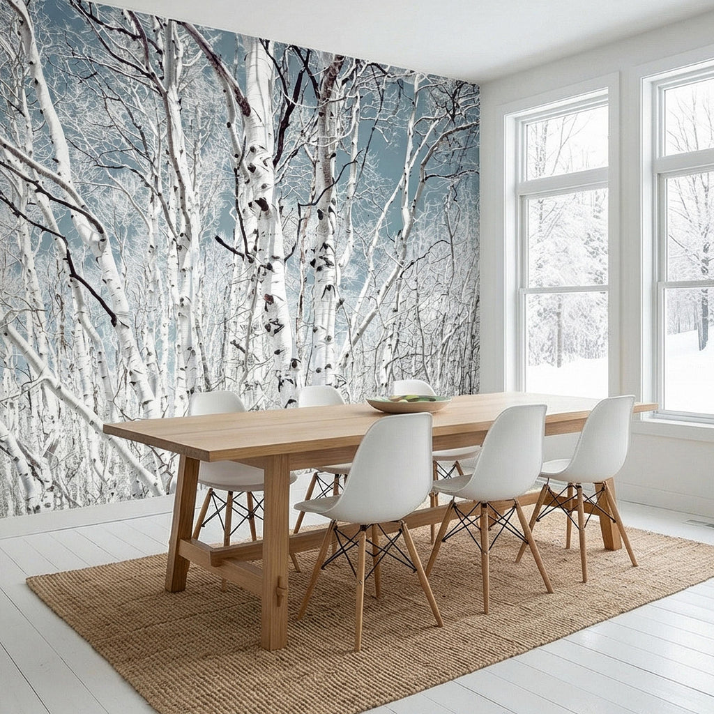 Birch Forest Peel and Stick Wall Mural, White Aspen Trees, Neutral Woodland Scenic, Serene Nature Wallpaper