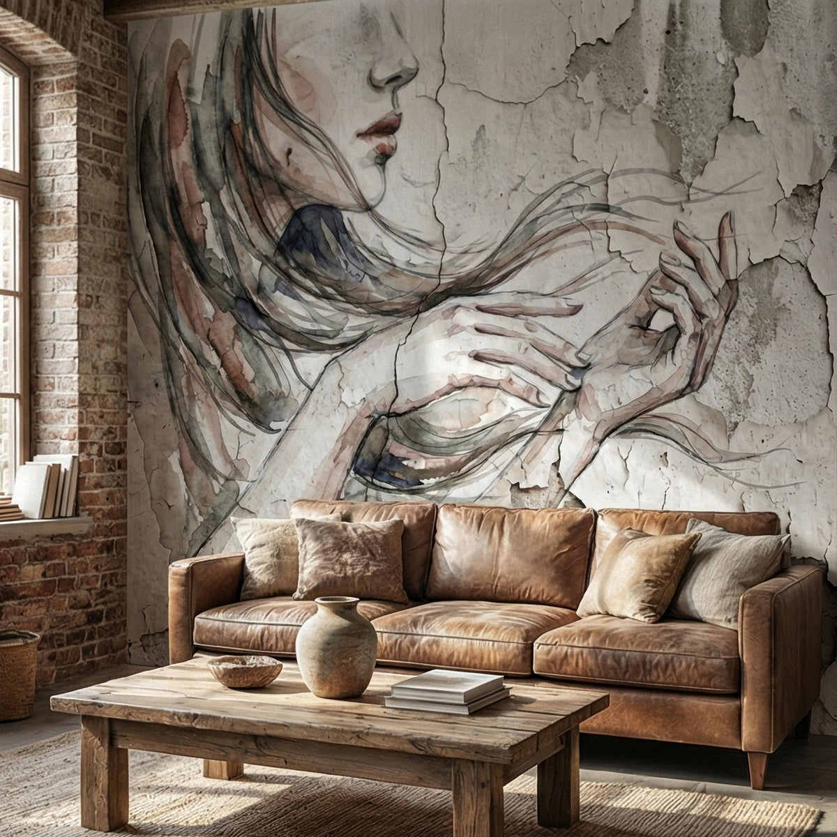 Watercolor Woman Portrait on Cracked Plaster Texture Peel and Stick Wall Mural, Neutral Minimal Figure Sketch Vintage Grunge Wallpaper - The Fine Art Murals