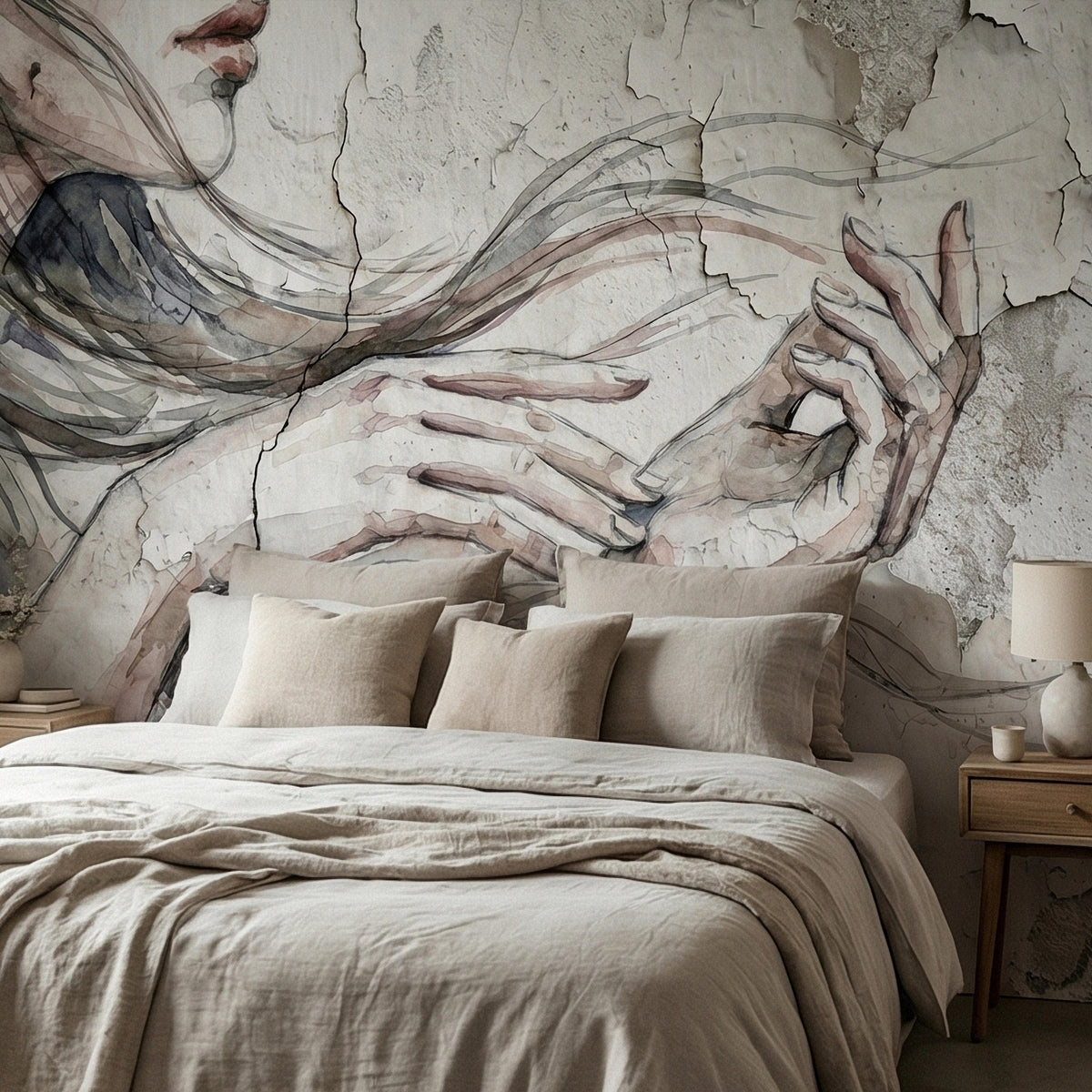 Watercolor Woman Portrait on Cracked Plaster Texture Peel and Stick Wall Mural, Neutral Minimal Figure Sketch Vintage Grunge Wallpaper - The Fine Art Murals
