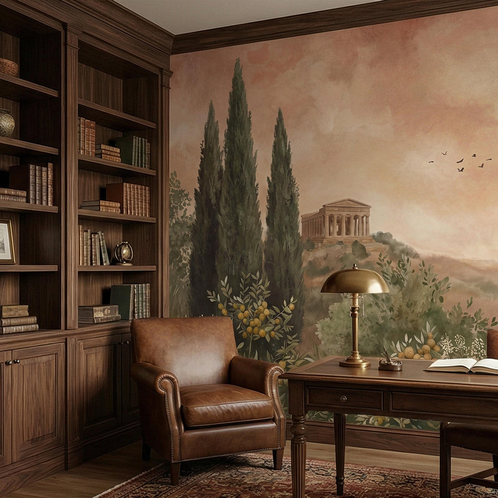 Mediterranean Peel and Stick Wall Mural, Tuscan Cypress Landscape, Italian Temple Scenic, Warm Neutral Nature Wallpaper