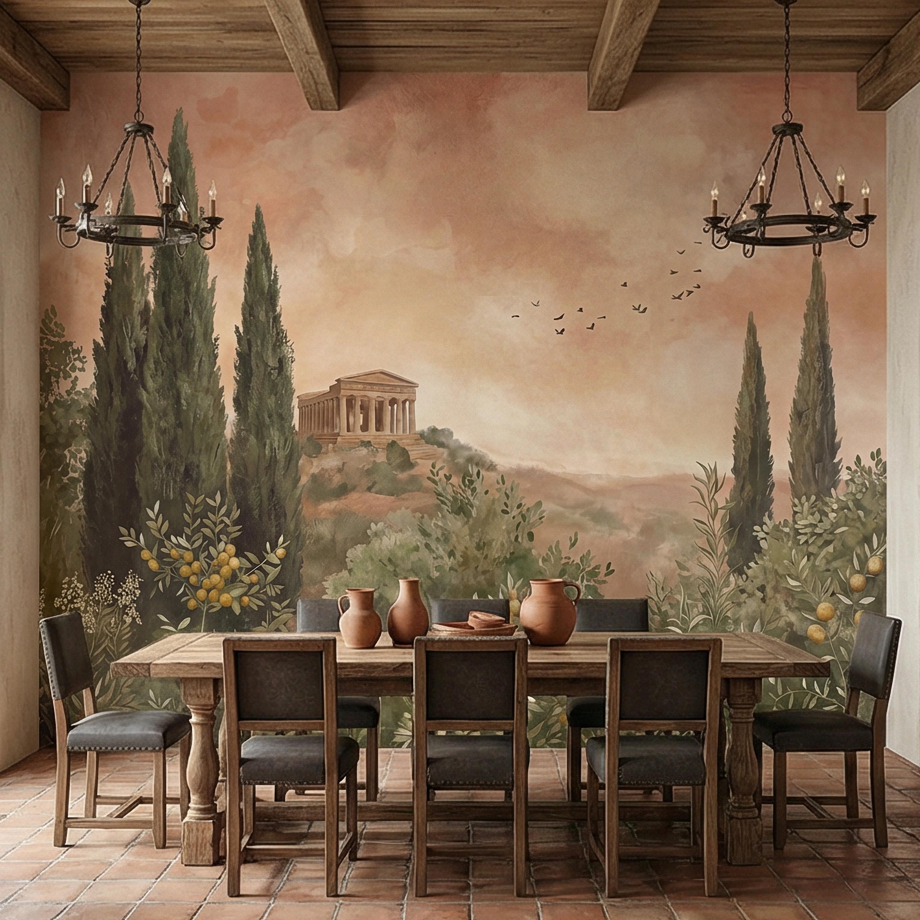 Mediterranean Peel and Stick Wall Mural, Tuscan Cypress Landscape, Italian Temple Scenic, Warm Neutral Nature Wallpaper