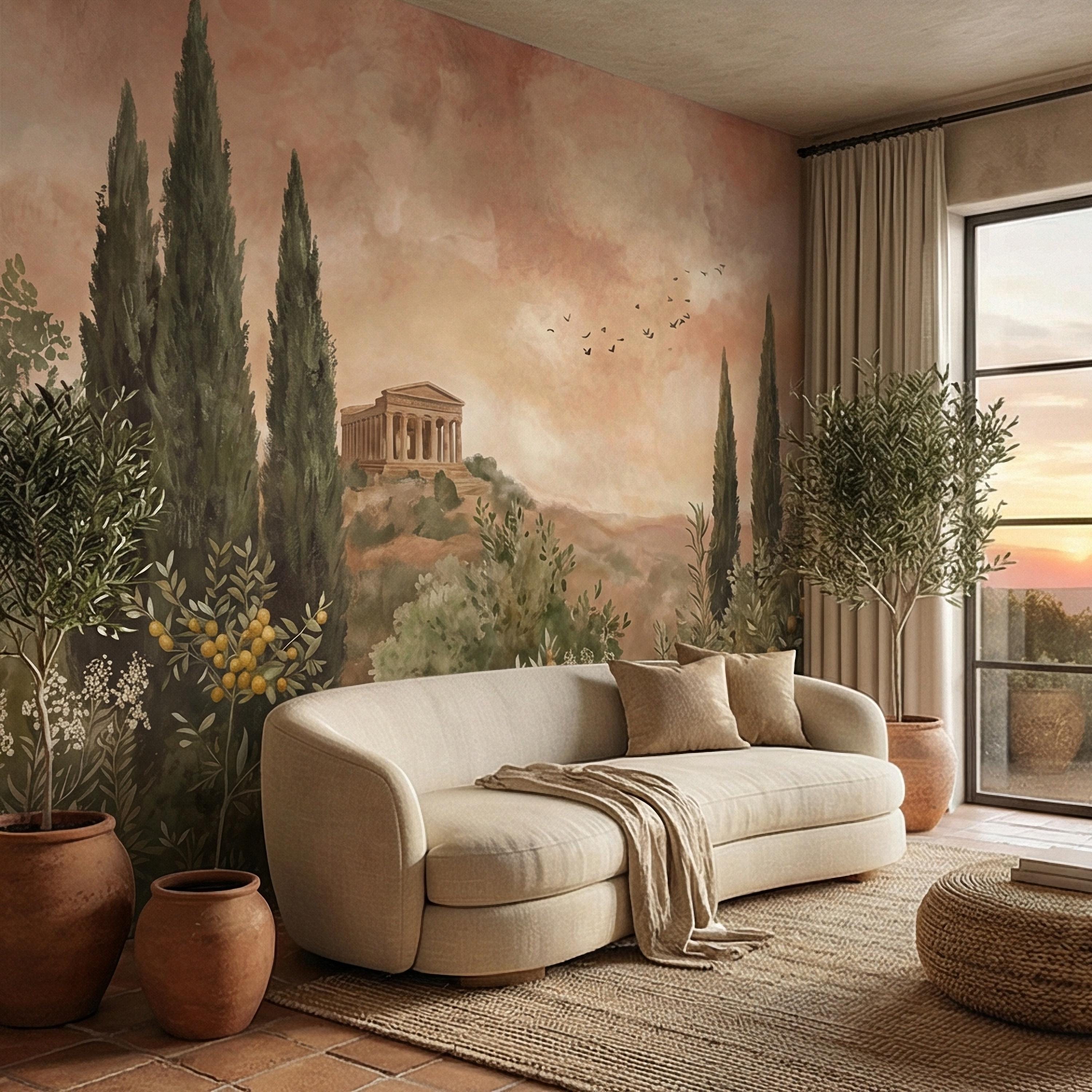 Mediterranean Peel and Stick Wall Mural, Tuscan Cypress Landscape, Italian Temple Scenic, Warm Neutral Nature Wallpaper