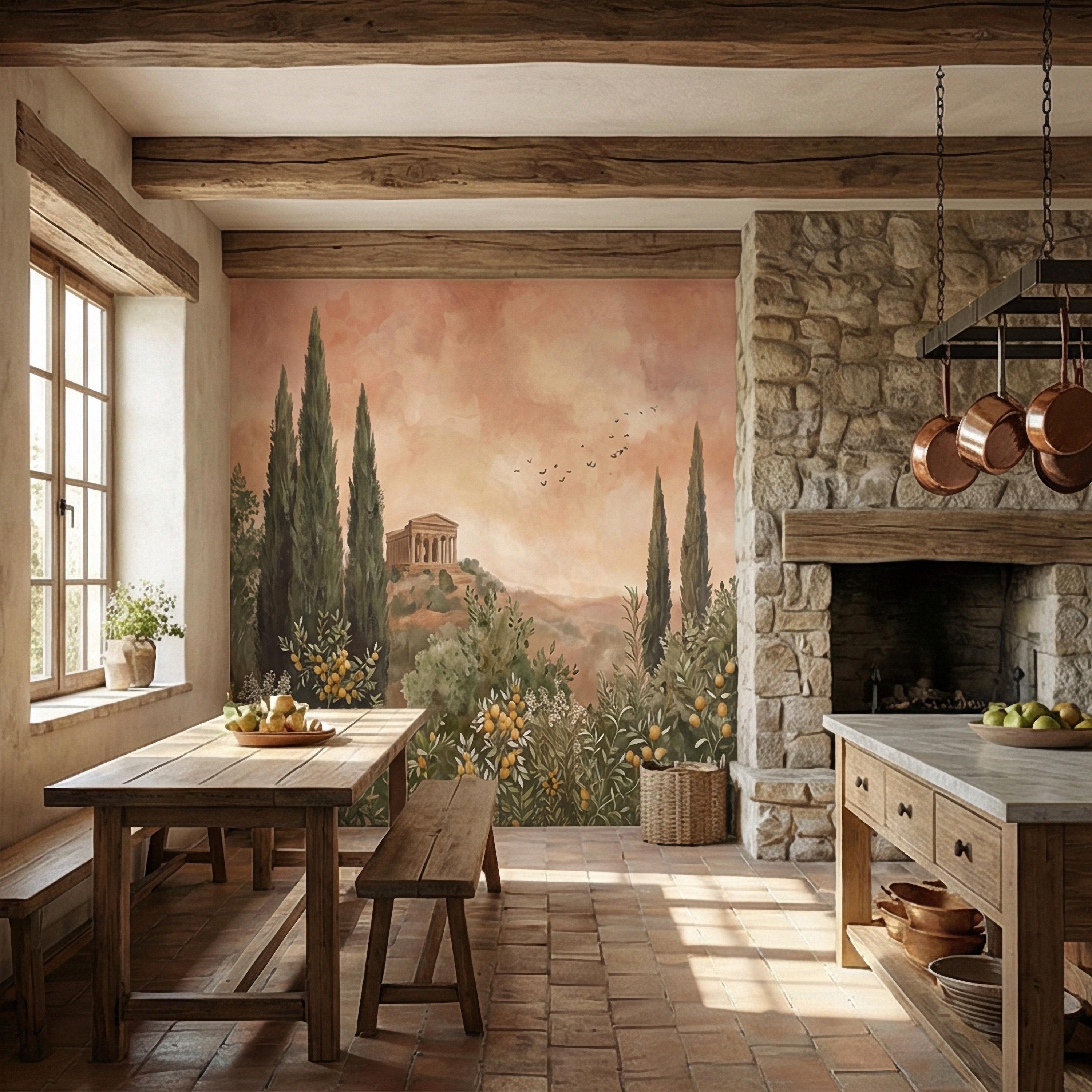 Mediterranean Peel and Stick Wall Mural, Tuscan Cypress Landscape, Italian Temple Scenic, Warm Neutral Nature Wallpaper