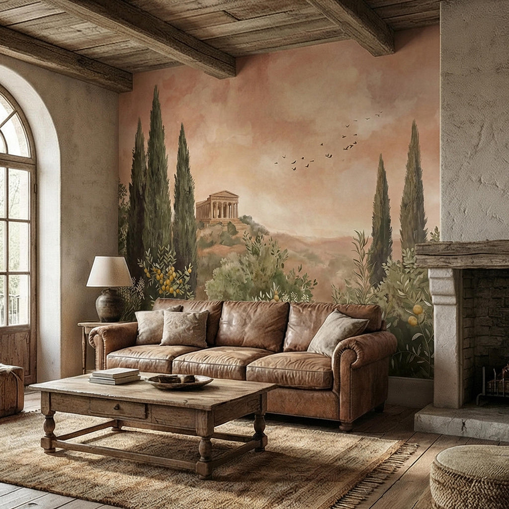 Mediterranean Peel and Stick Wall Mural, Tuscan Cypress Landscape, Italian Temple Scenic, Warm Neutral Nature Wallpaper