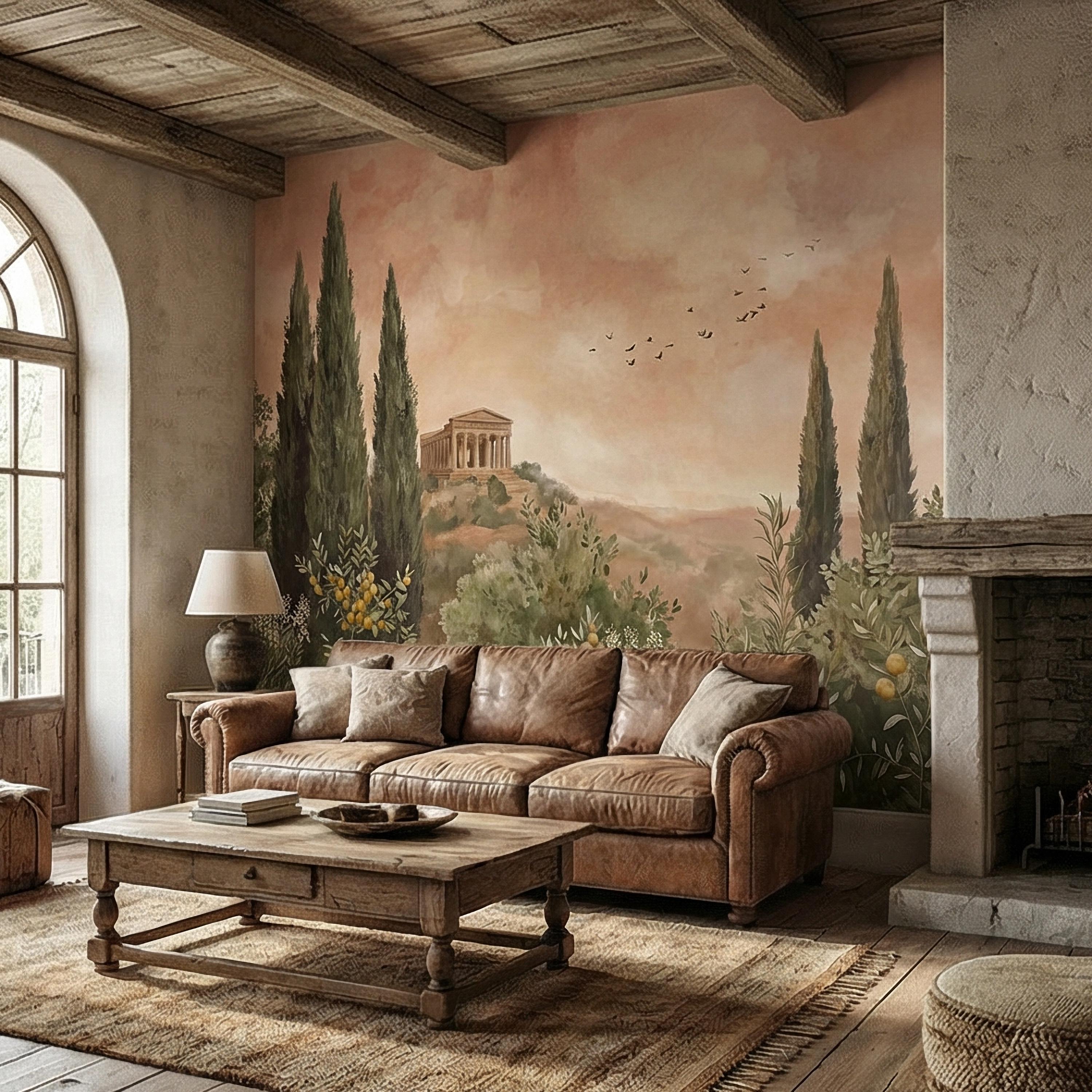Mediterranean Peel and Stick Wall Mural, Tuscan Cypress Landscape, Italian Temple Scenic, Warm Neutral Nature Wallpaper