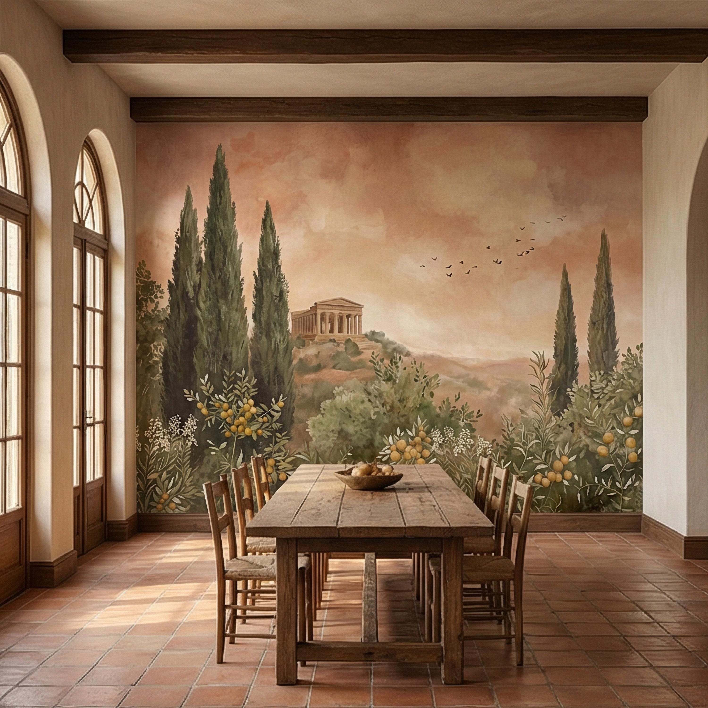 Mediterranean Peel and Stick Wall Mural, Tuscan Cypress Landscape, Italian Temple Scenic, Warm Neutral Nature Wallpaper