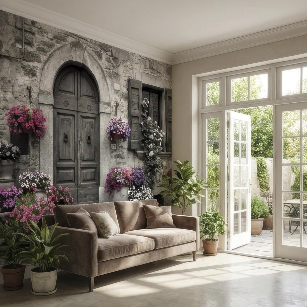 Vintage Italian Stone Doorway with Colorful Flower Pots Peel and Stick Wall Mural, Rustic European Cottage Courtyard Photography Wallpaper - The Fine Art Murals