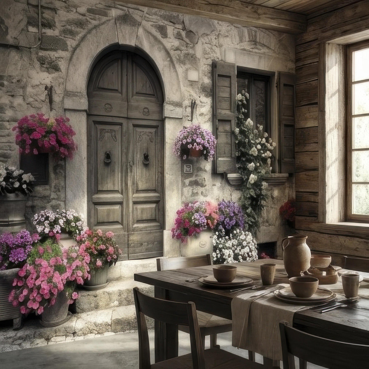 Vintage Italian Stone Doorway with Colorful Flower Pots Peel and Stick Wall Mural, Rustic European Cottage Courtyard Photography Wallpaper - The Fine Art Murals