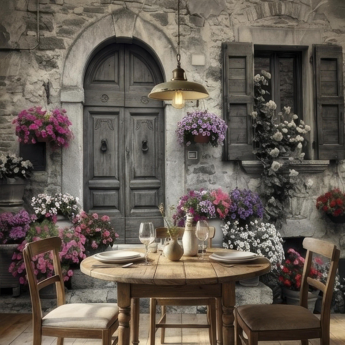 Vintage Italian Stone Doorway with Colorful Flower Pots Peel and Stick Wall Mural, Rustic European Cottage Courtyard Photography Wallpaper - The Fine Art Murals