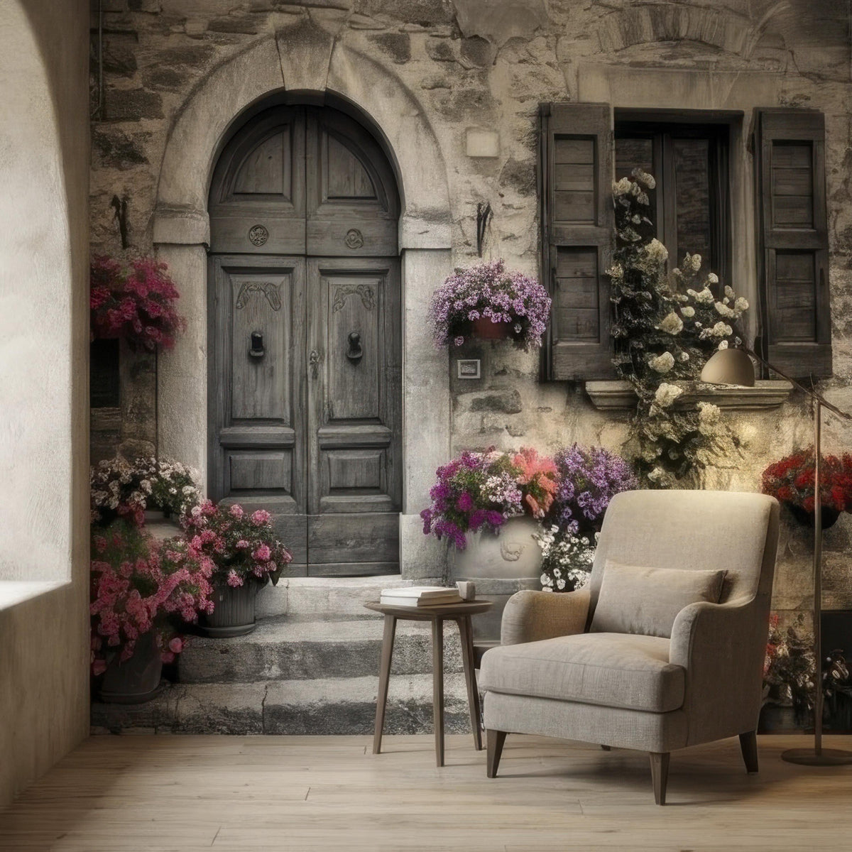 Vintage Italian Stone Doorway with Colorful Flower Pots Peel and Stick Wall Mural, Rustic European Cottage Courtyard Photography Wallpaper - The Fine Art Murals