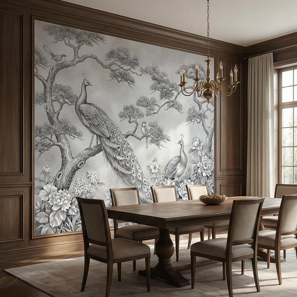 Peacock Peel and Stick Wall Mural, Chinoiserie Bird Floral Botanical, Soft Blue Gray Elegant Scenic Wallpaper