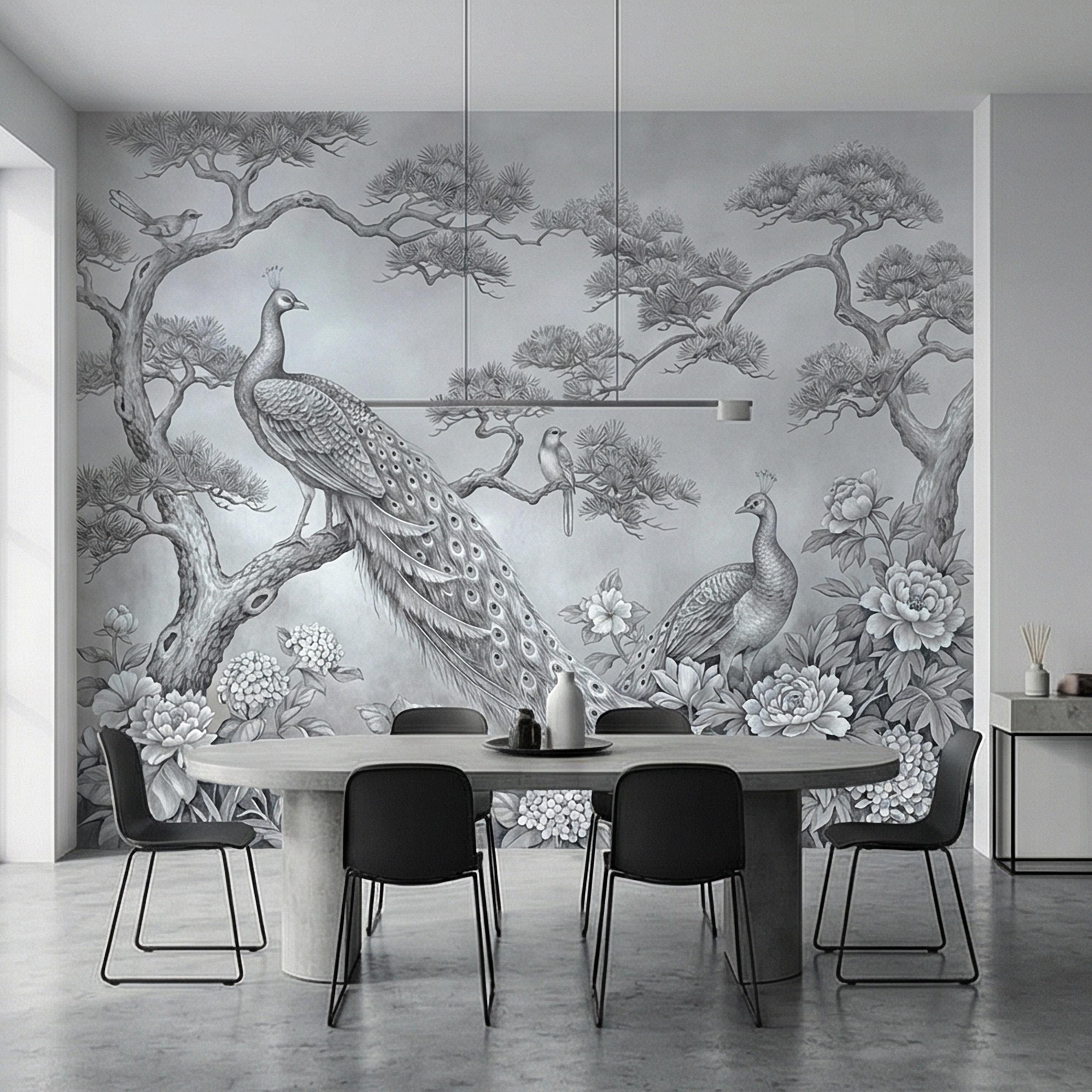 Peacock Peel and Stick Wall Mural, Chinoiserie Bird Floral Botanical, Soft Blue Gray Elegant Scenic Wallpaper