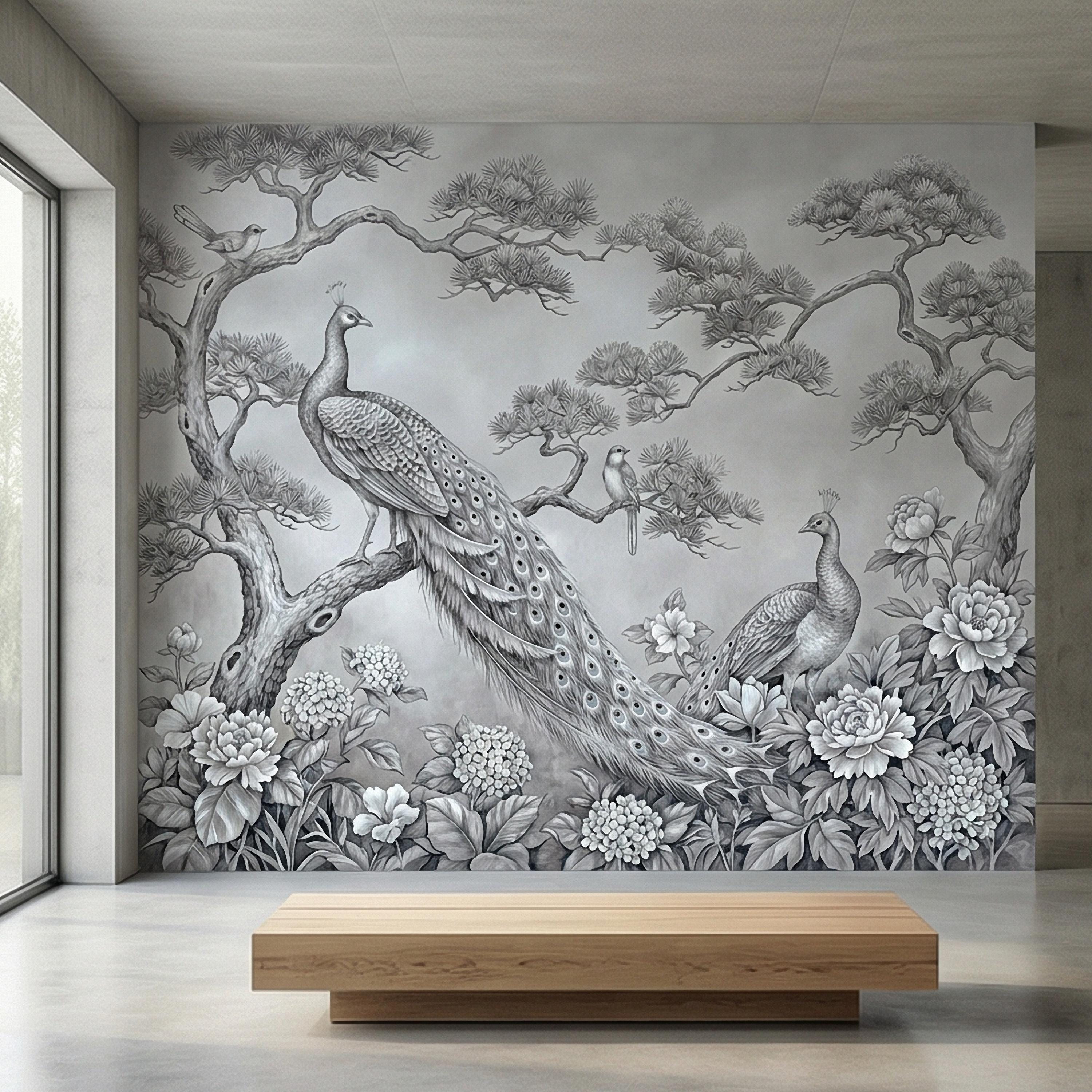 Peacock Peel and Stick Wall Mural, Chinoiserie Bird Floral Botanical, Soft Blue Gray Elegant Scenic Wallpaper