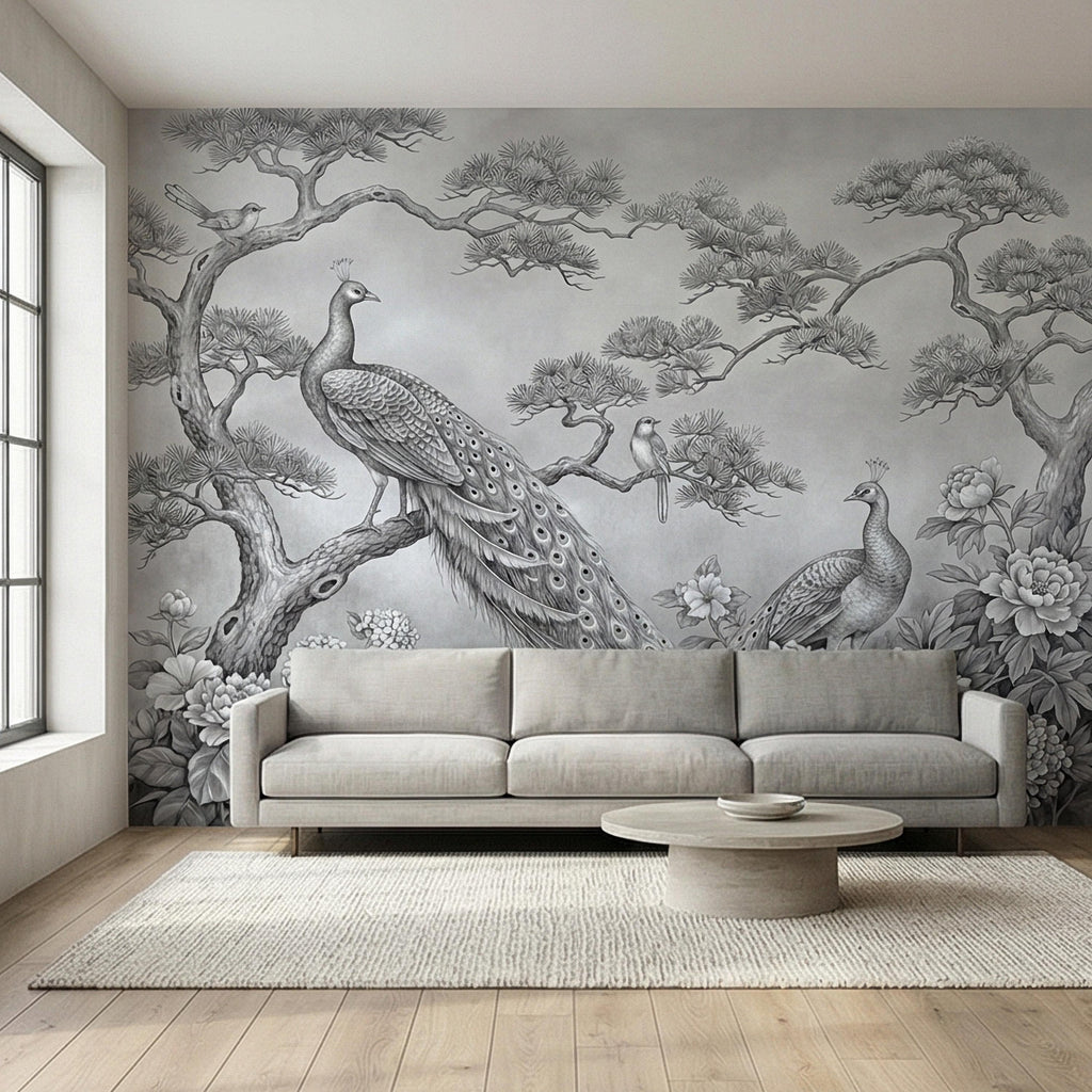 Peacock Peel and Stick Wall Mural, Chinoiserie Bird Floral Botanical, Soft Blue Gray Elegant Scenic Wallpaper
