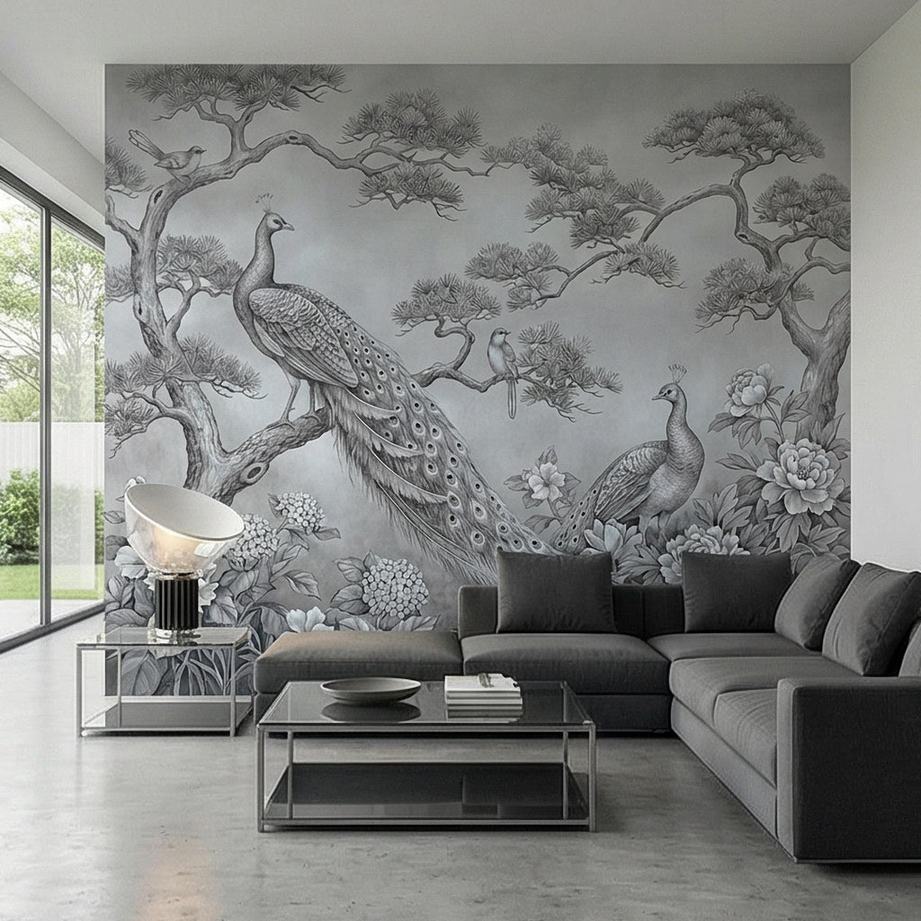 Peacock Peel and Stick Wall Mural, Chinoiserie Bird Floral Botanical, Soft Blue Gray Elegant Scenic Wallpaper