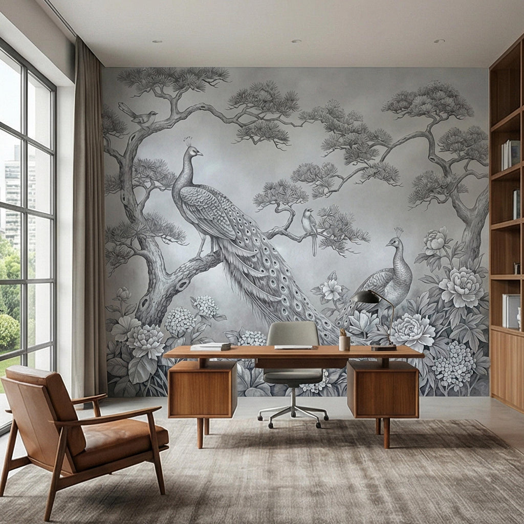 Peacock Peel and Stick Wall Mural, Chinoiserie Bird Floral Botanical, Soft Blue Gray Elegant Scenic Wallpaper