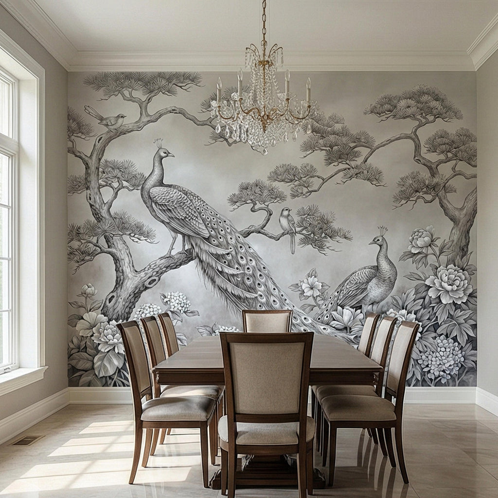 Peacock Peel and Stick Wall Mural, Chinoiserie Bird Floral Botanical, Soft Blue Gray Elegant Scenic Wallpaper