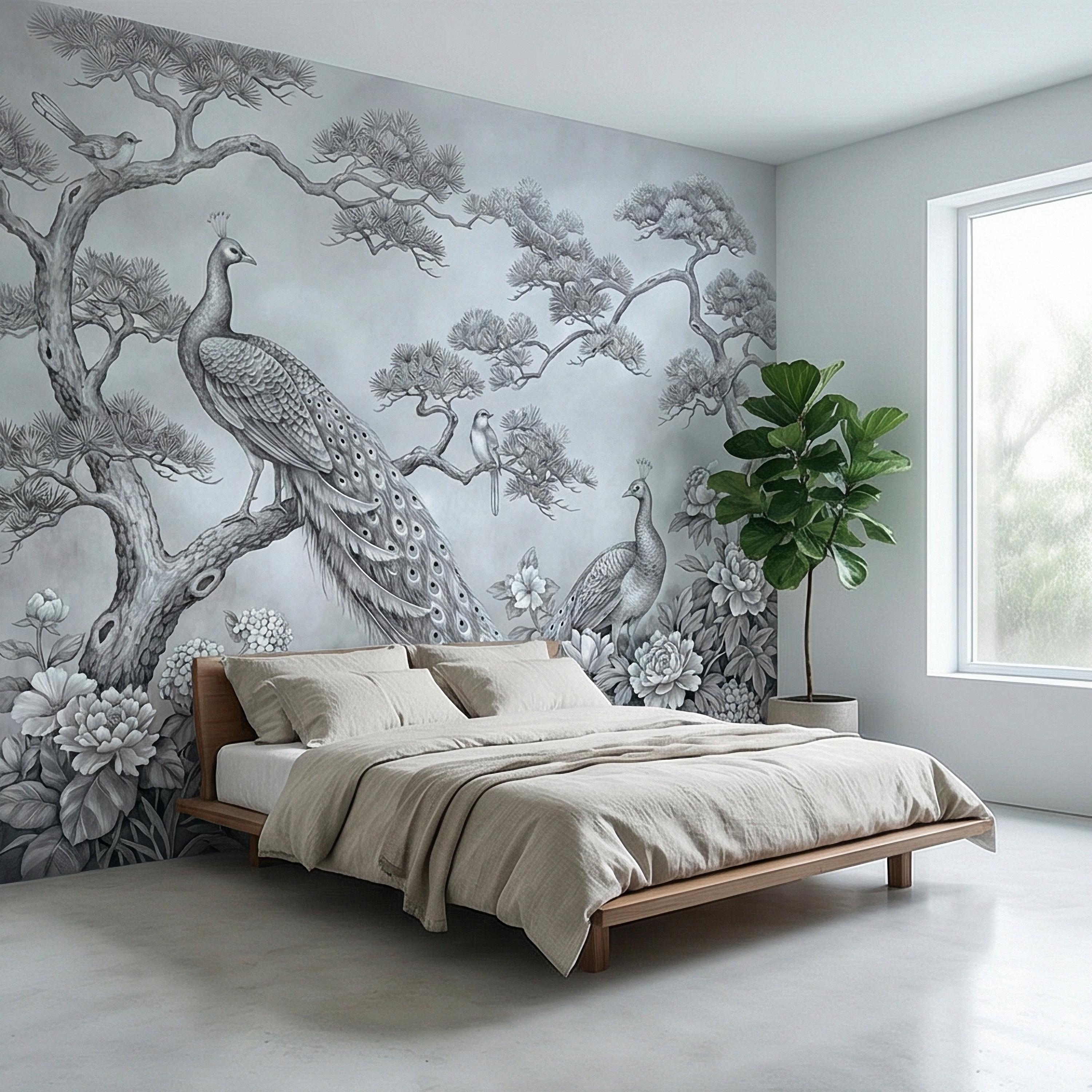Peacock Peel and Stick Wall Mural, Chinoiserie Bird Floral Botanical, Soft Blue Gray Elegant Scenic Wallpaper