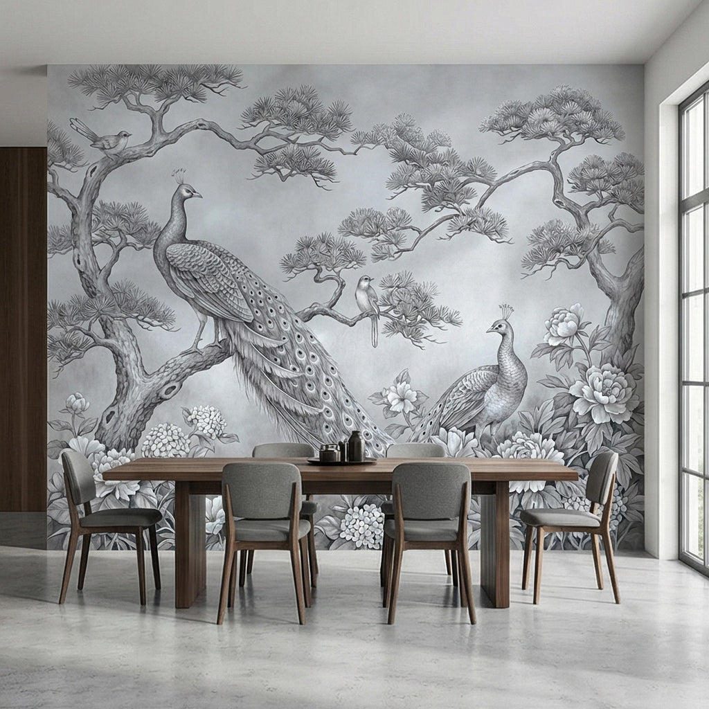 Peacock Peel and Stick Wall Mural, Chinoiserie Bird Floral Botanical, Soft Blue Gray Elegant Scenic Wallpaper