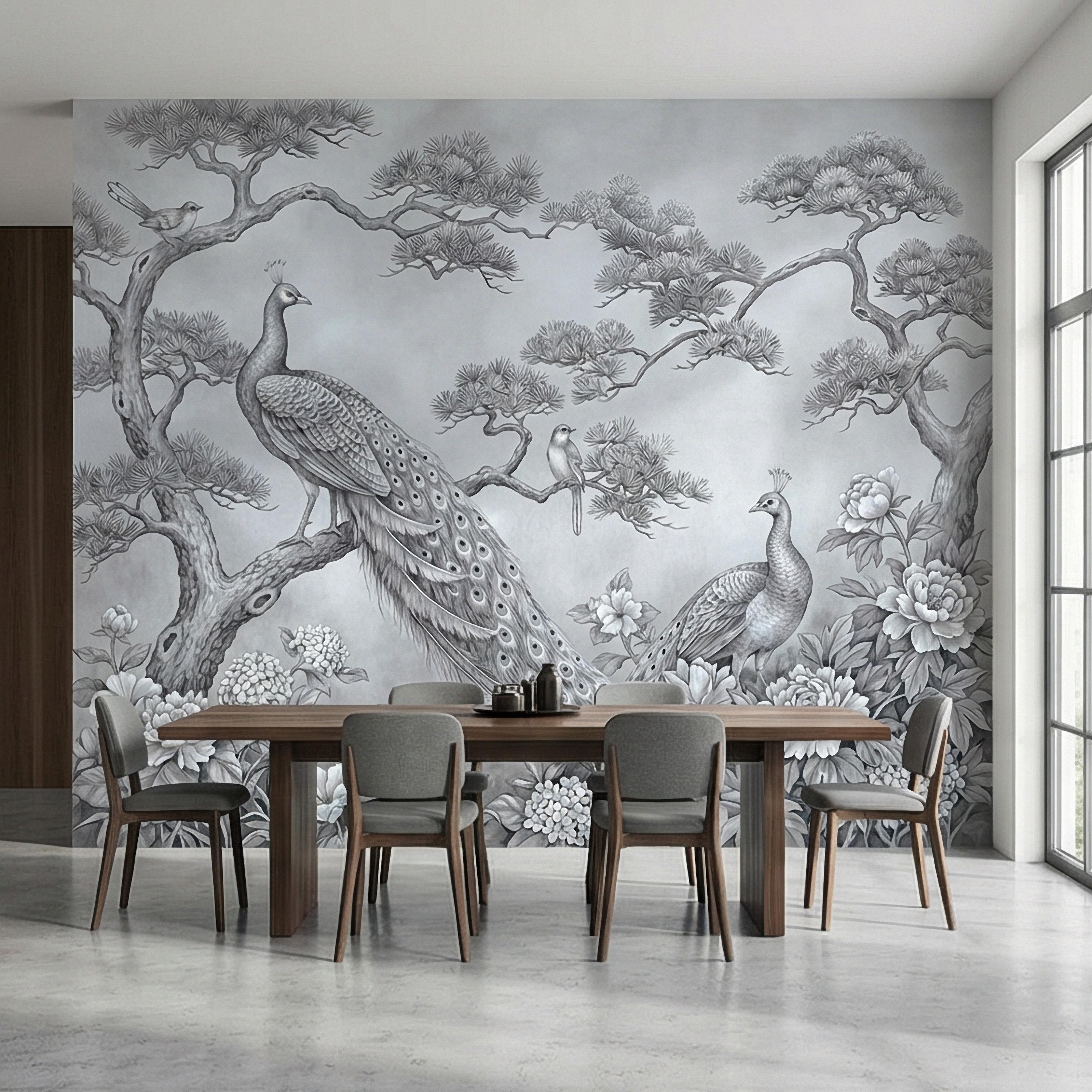 Peacock Peel and Stick Wall Mural, Chinoiserie Bird Floral Botanical, Soft Blue Gray Elegant Scenic Wallpaper