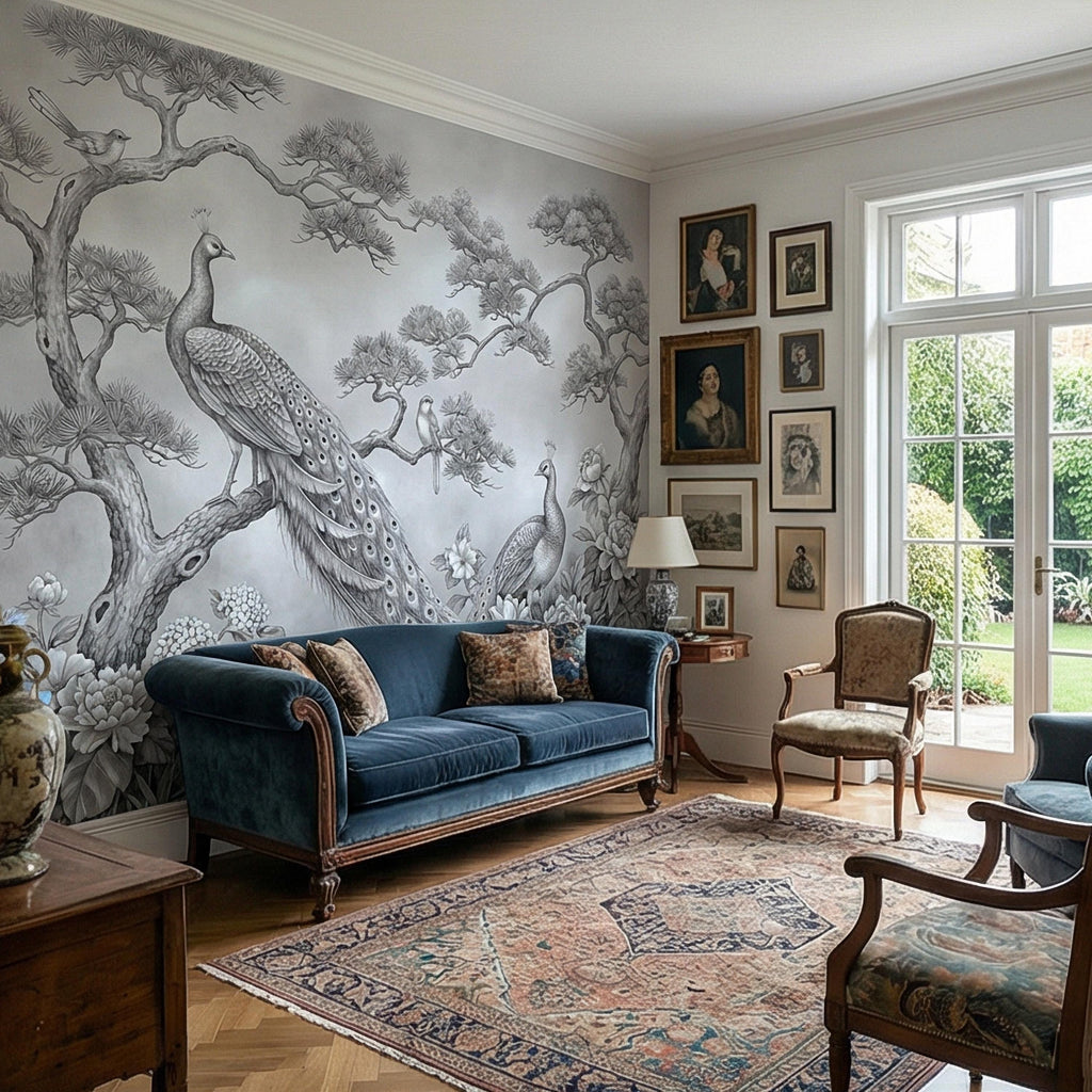Peacock Peel and Stick Wall Mural, Chinoiserie Bird Floral Botanical, Soft Blue Gray Elegant Scenic Wallpaper