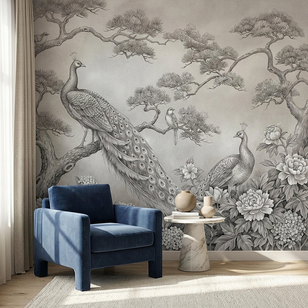 Peacock Peel and Stick Wall Mural, Chinoiserie Bird Floral Botanical, Soft Blue Gray Elegant Scenic Wallpaper