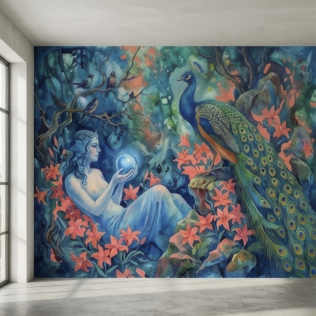 Enchanted Peacock Goddess with Crystal Ball in Floral Forest Peel and Stick Wall Mural, Fantasy Watercolor Art Nouveau Dreamscape Wallpaper