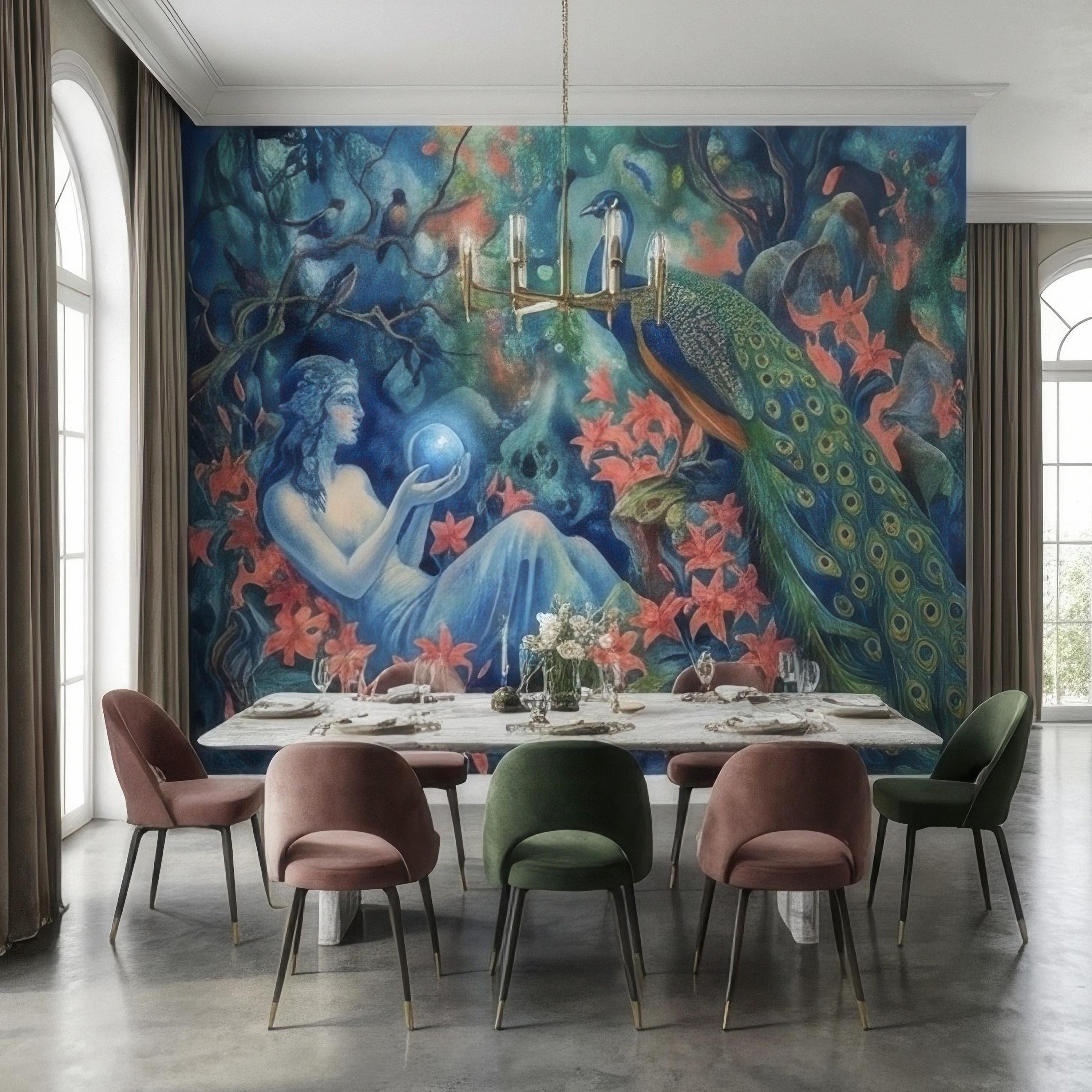 Enchanted Peacock Goddess with Crystal Ball in Floral Forest Peel and Stick Wall Mural, Fantasy Watercolor Art Nouveau Dreamscape Wallpaper