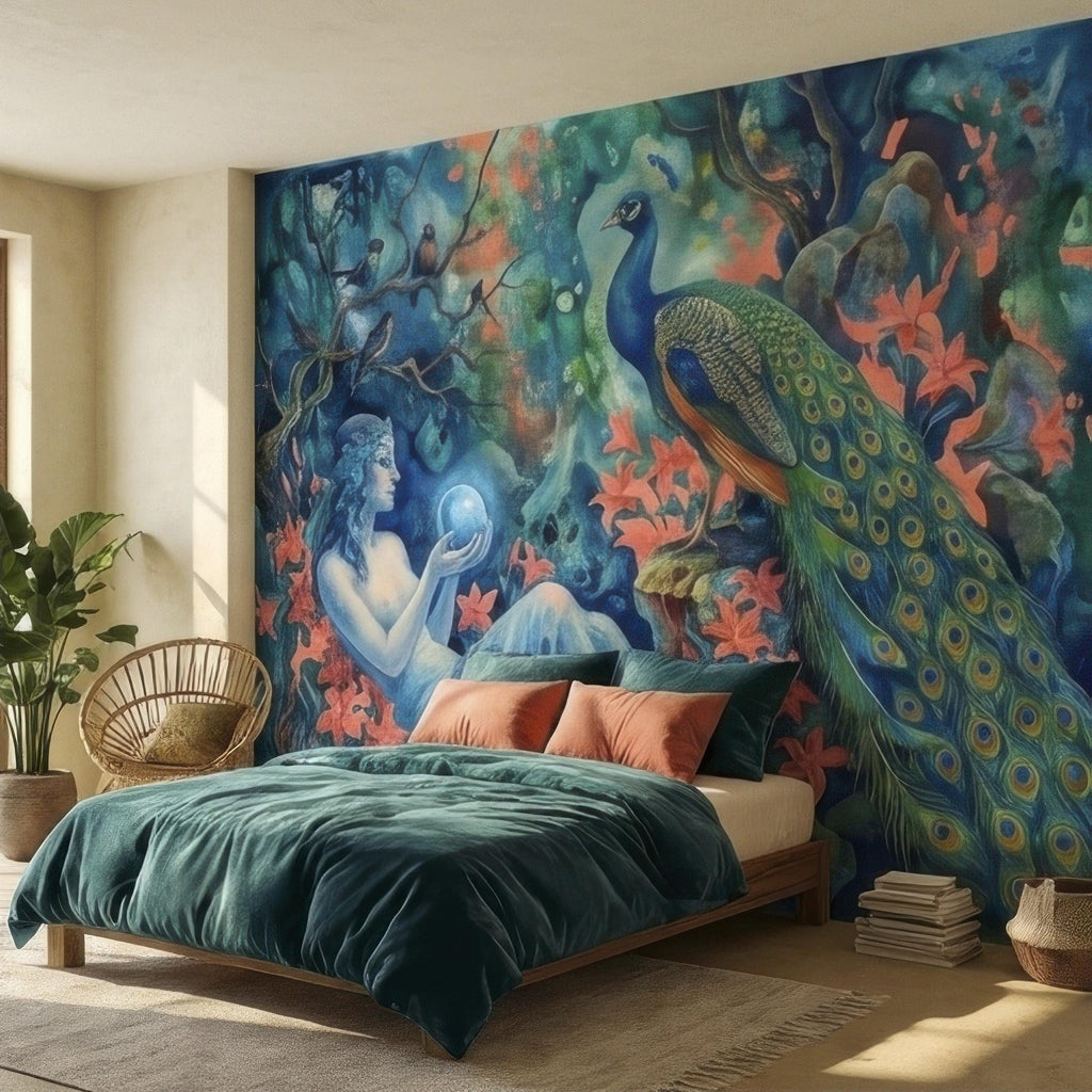 Enchanted Peacock Goddess with Crystal Ball in Floral Forest Peel and Stick Wall Mural, Fantasy Watercolor Art Nouveau Dreamscape Wallpaper