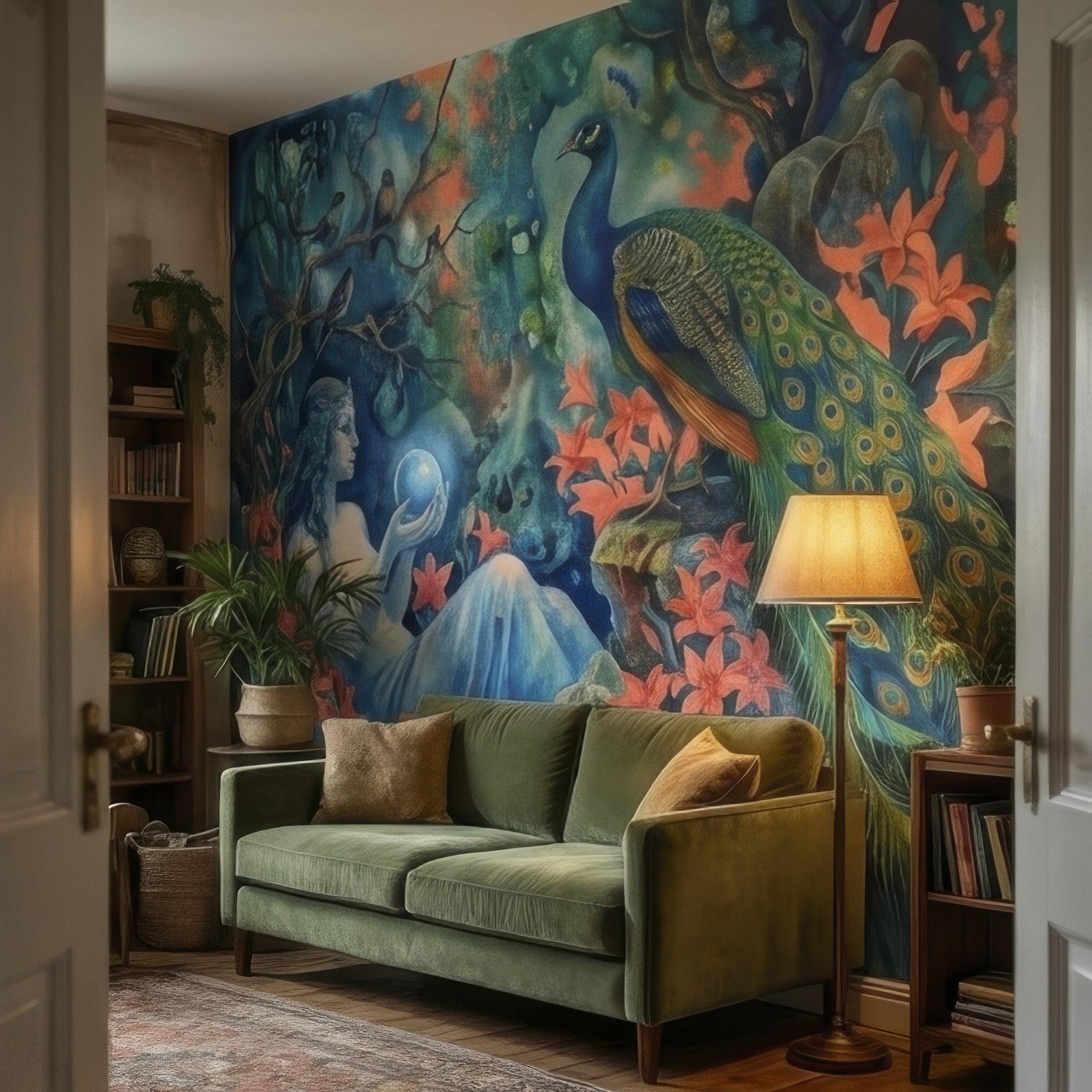 Enchanted Peacock Goddess with Crystal Ball in Floral Forest Peel and Stick Wall Mural, Fantasy Watercolor Art Nouveau Dreamscape Wallpaper