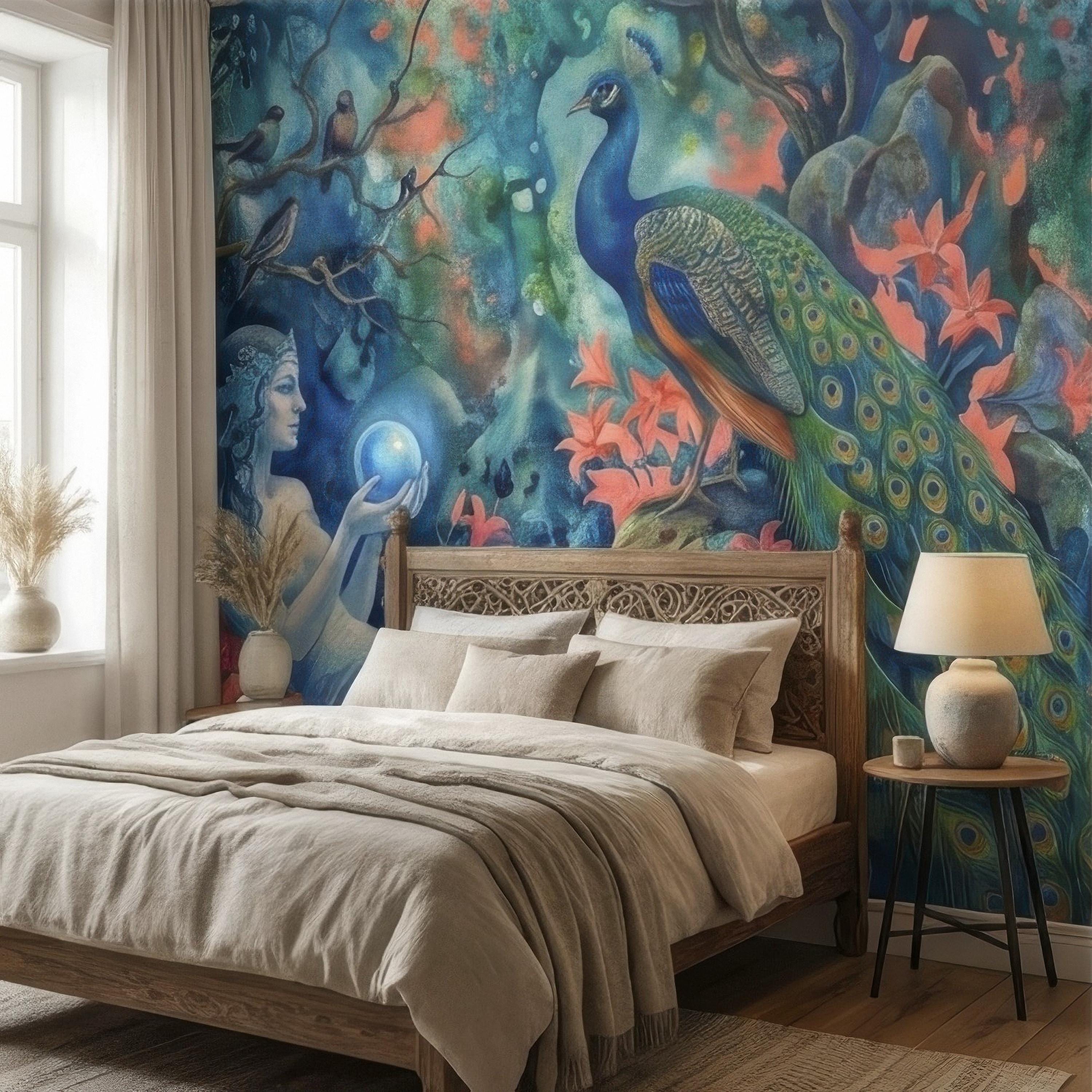 Enchanted Peacock Goddess with Crystal Ball in Floral Forest Peel and Stick Wall Mural, Fantasy Watercolor Art Nouveau Dreamscape Wallpaper