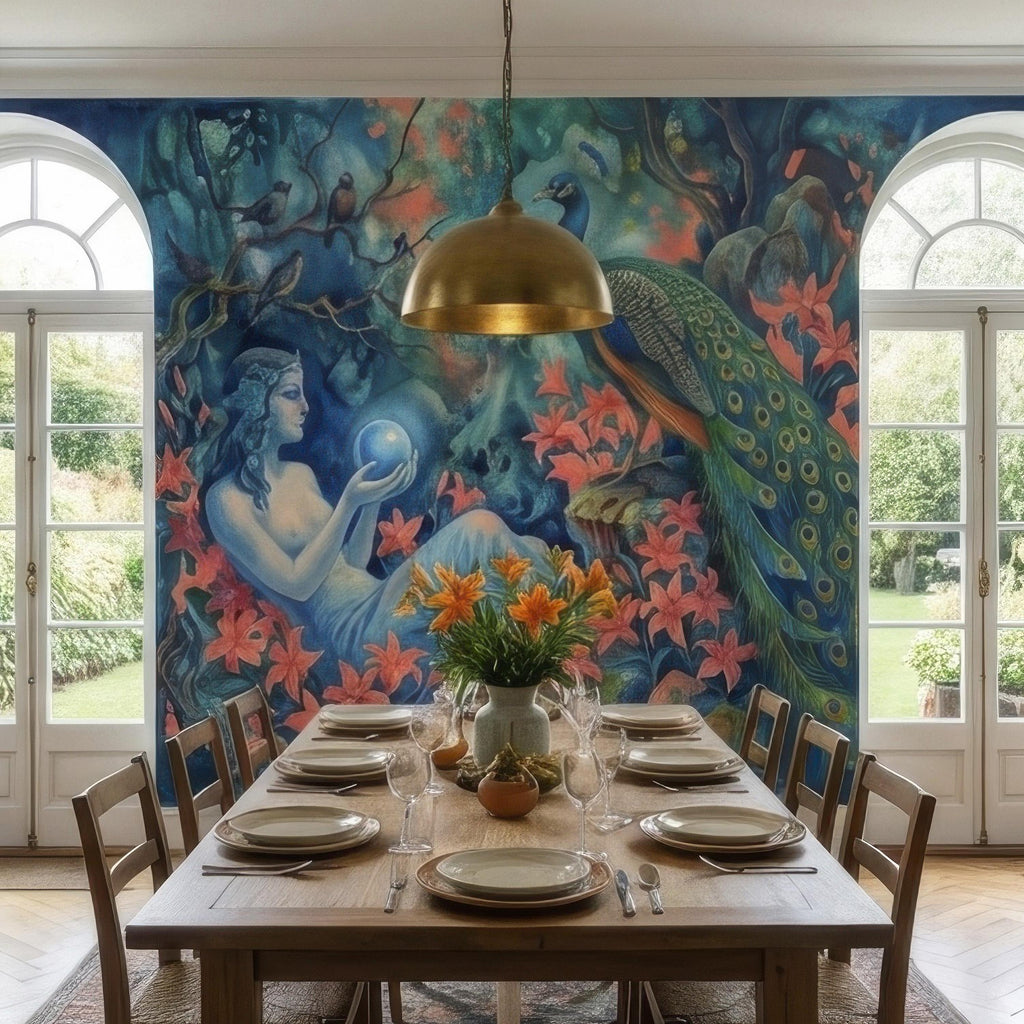 Enchanted Peacock Goddess with Crystal Ball in Floral Forest Peel and Stick Wall Mural, Fantasy Watercolor Art Nouveau Dreamscape Wallpaper