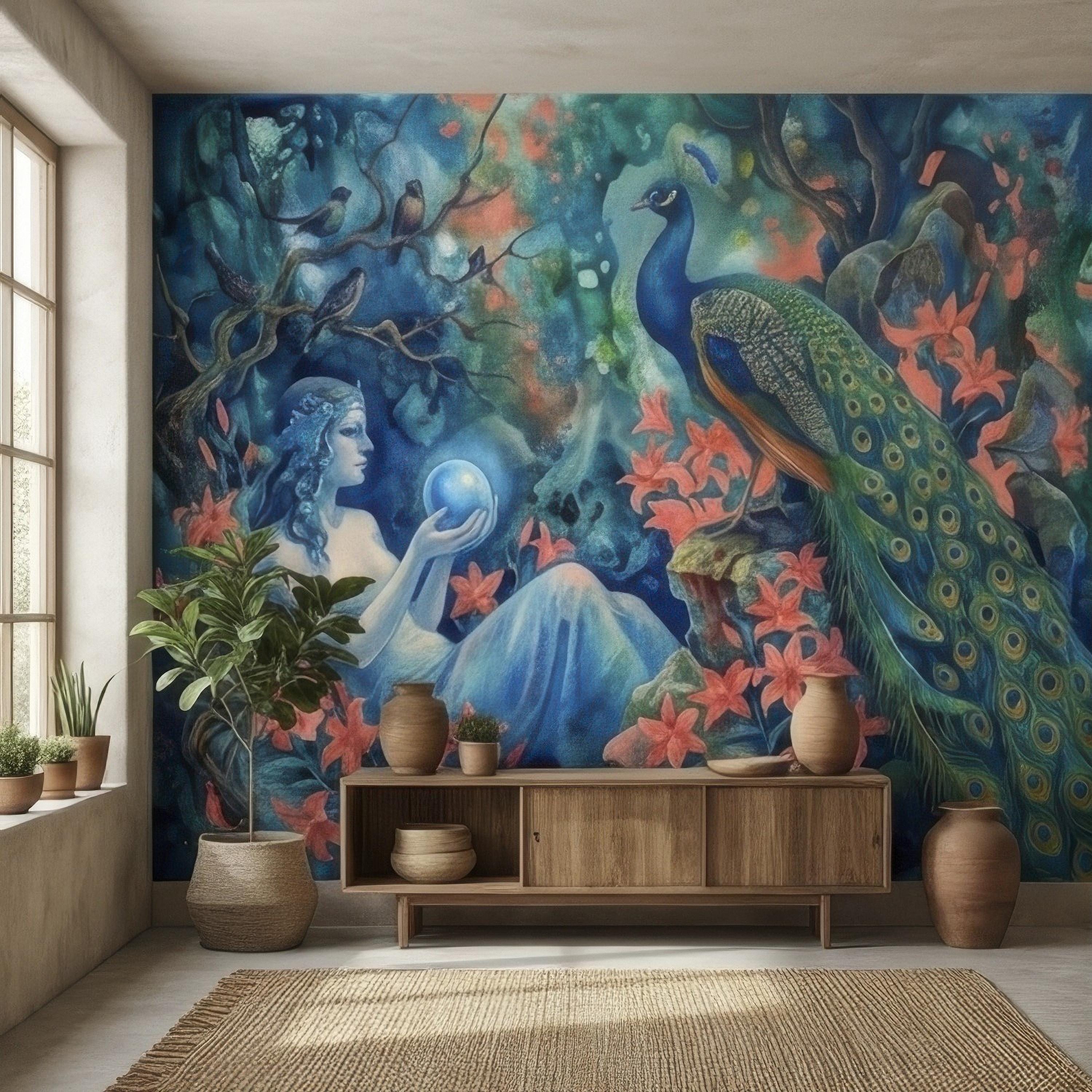 Enchanted Peacock Goddess with Crystal Ball in Floral Forest Peel and Stick Wall Mural, Fantasy Watercolor Art Nouveau Dreamscape Wallpaper