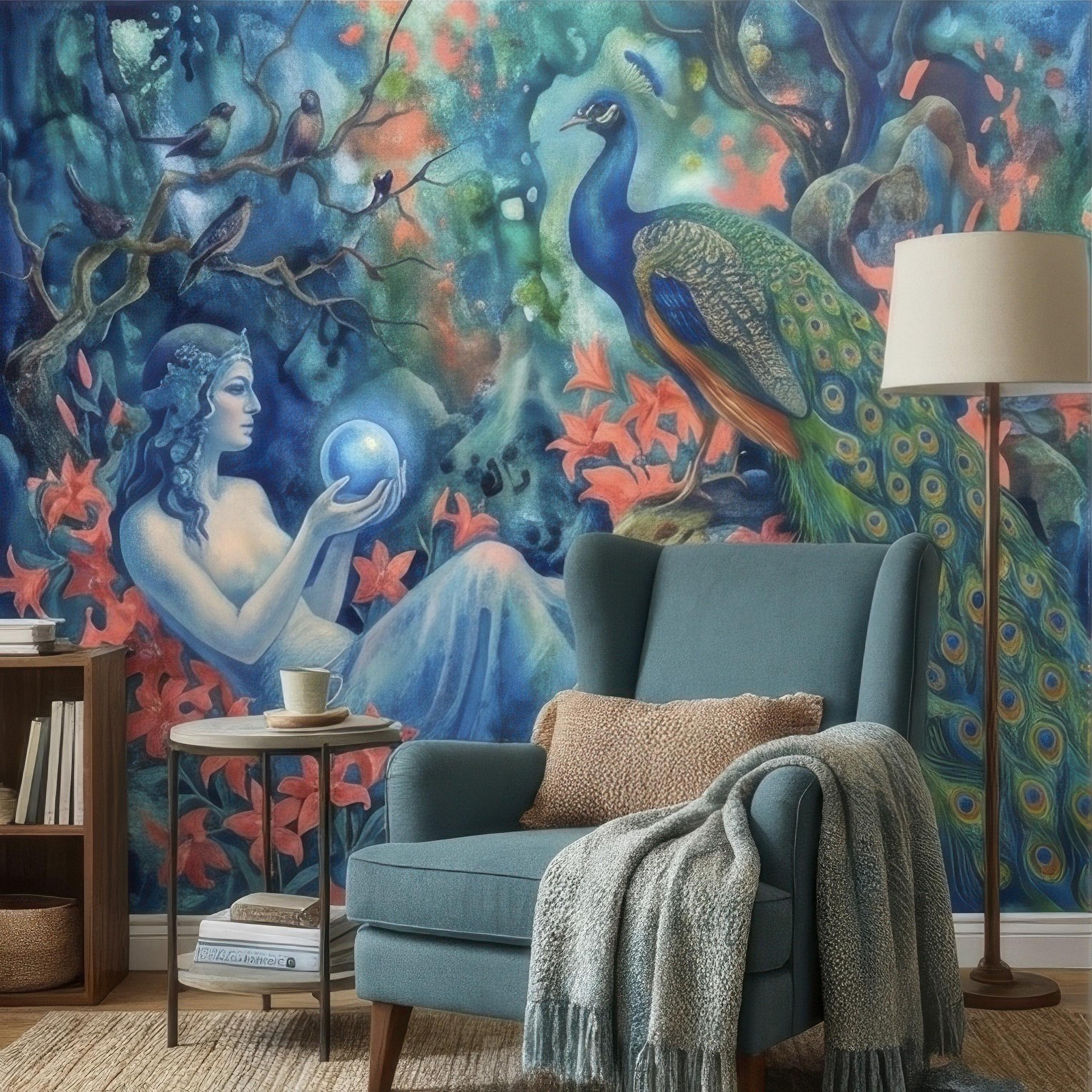 Enchanted Peacock Goddess with Crystal Ball in Floral Forest Peel and Stick Wall Mural, Fantasy Watercolor Art Nouveau Dreamscape Wallpaper
